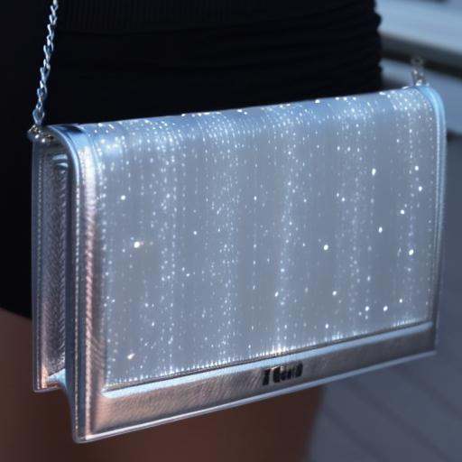Realistic photograph of a premium silver leather clutch bag with an illuminated fiber optic fabric in the center,  complet...