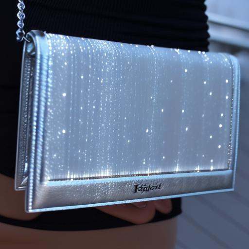 Photorealistic image of a high-quality silver leather clutch bag with a fiber optic light-up center panel,  featuring a si...
