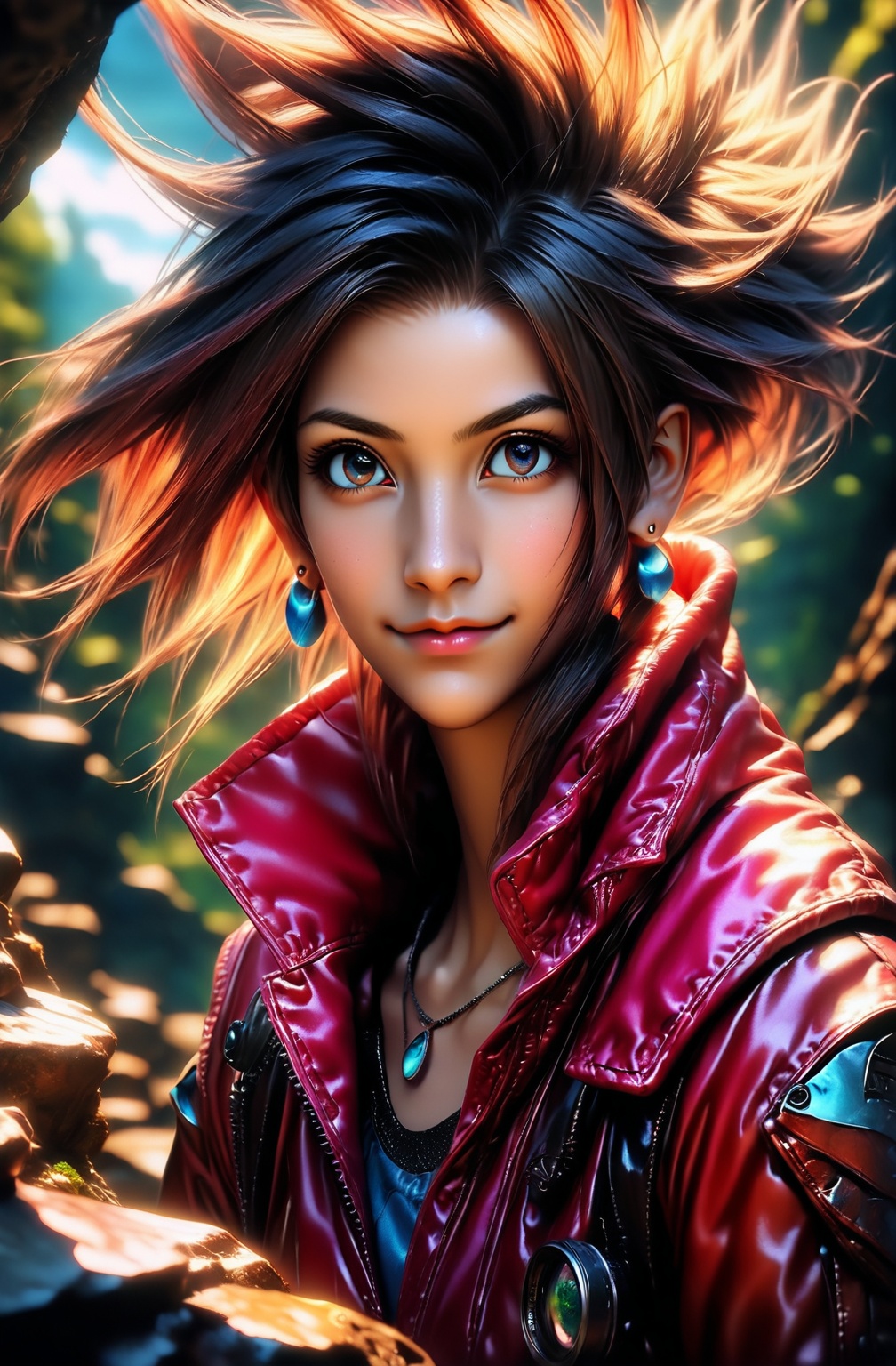 1girl,  Portrait of beautiful Aerith Final Fantasy VII sitting on rock,  solo on Tensor.Art
