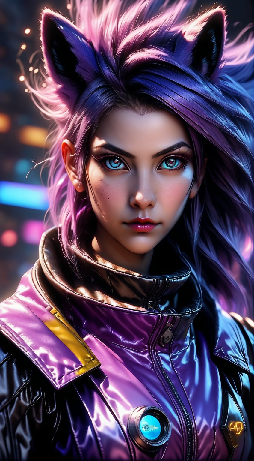 1girl,  a realistic cyberpunk assassin girl with fox ears,  wearing a cyan purple jacket on Tensor.Art
