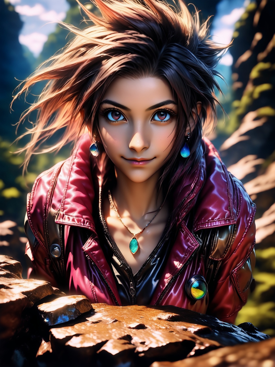 1girl,  Portrait of beautiful Aerith Final Fantasy VII sitting on rock,  solo on Tensor.Art