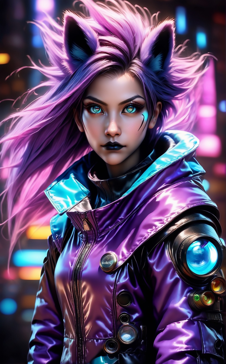 1girl,  a realistic cyberpunk assassin girl with fox ears,  wearing a cyan purple jacket on Tensor.Art