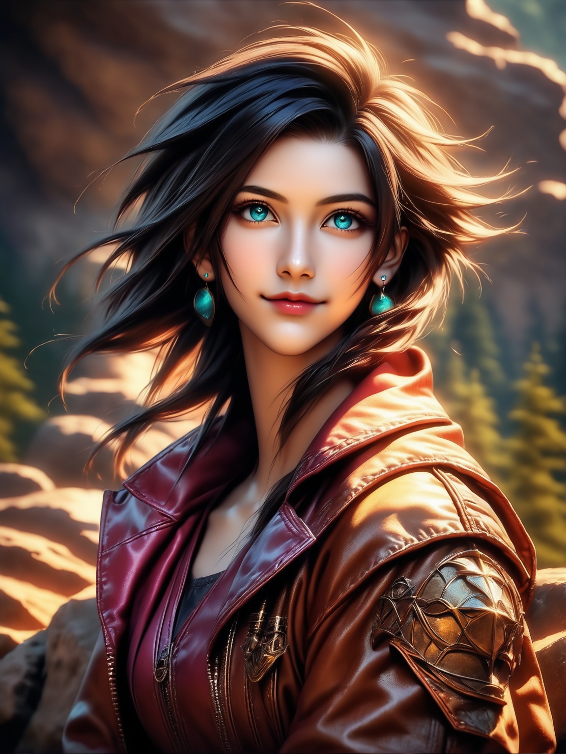 Here's the prompt: A stunning portrait of Aerith Gwynne from Final Fantasy VII sits atop a massive rock in a serene forest...