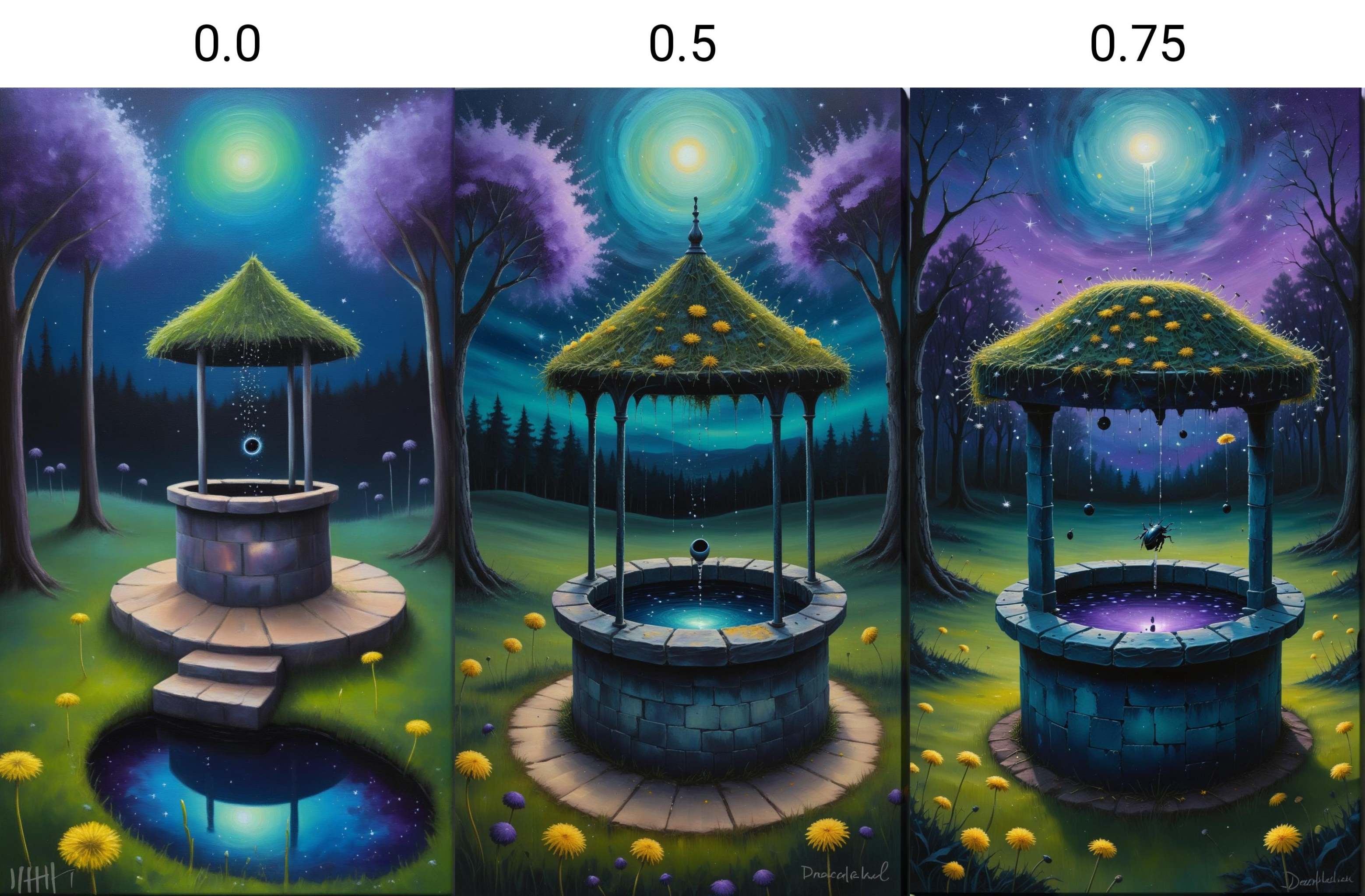 beetle,  Surrealistic oil painting of a wishing well with a black hole instead of a bottom,  Dandelions scattering wishes...