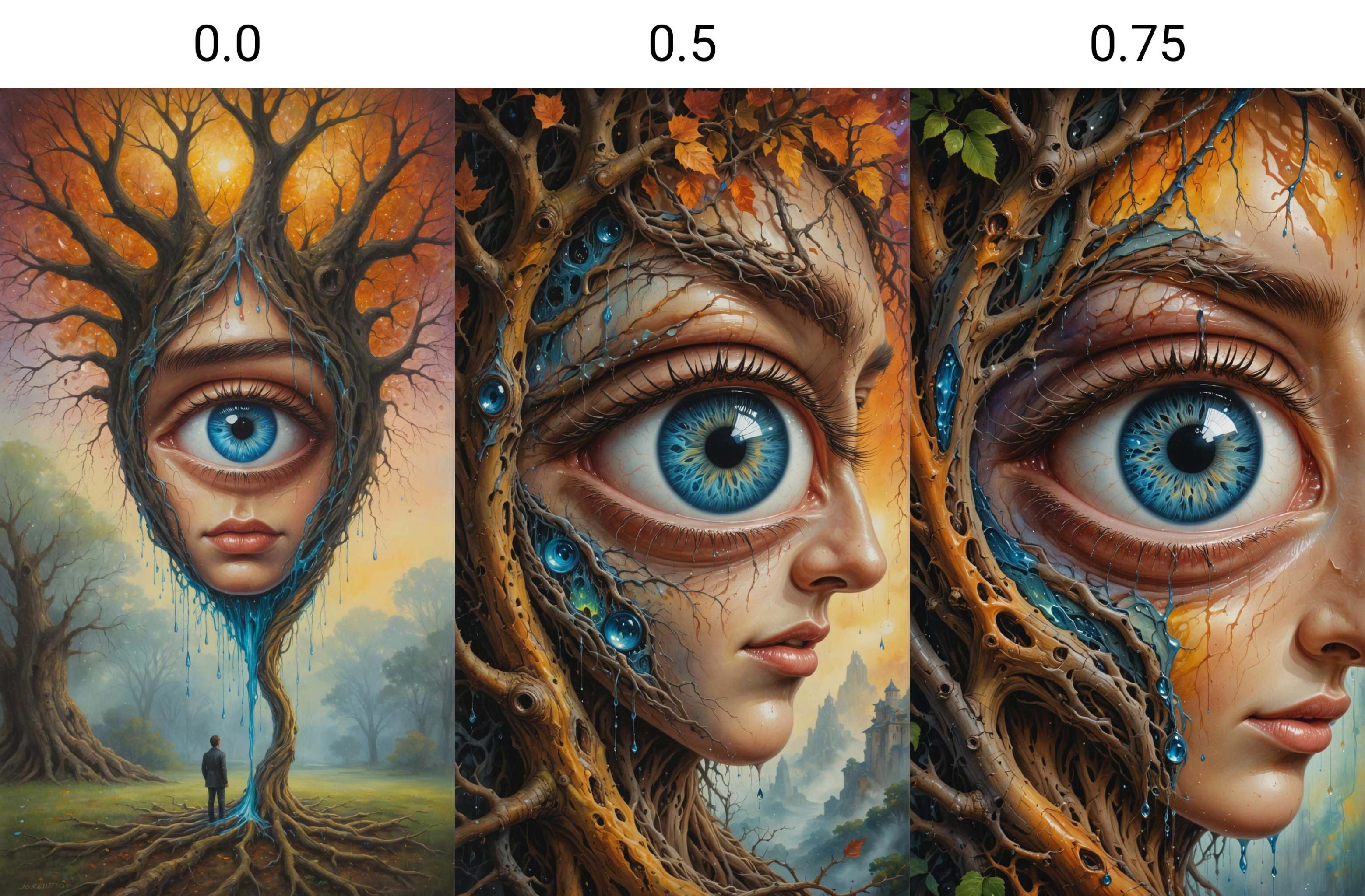 A surrealistic oil painting of a single tear falling from a person's eye,  causing a chain reaction of events,  leading to...