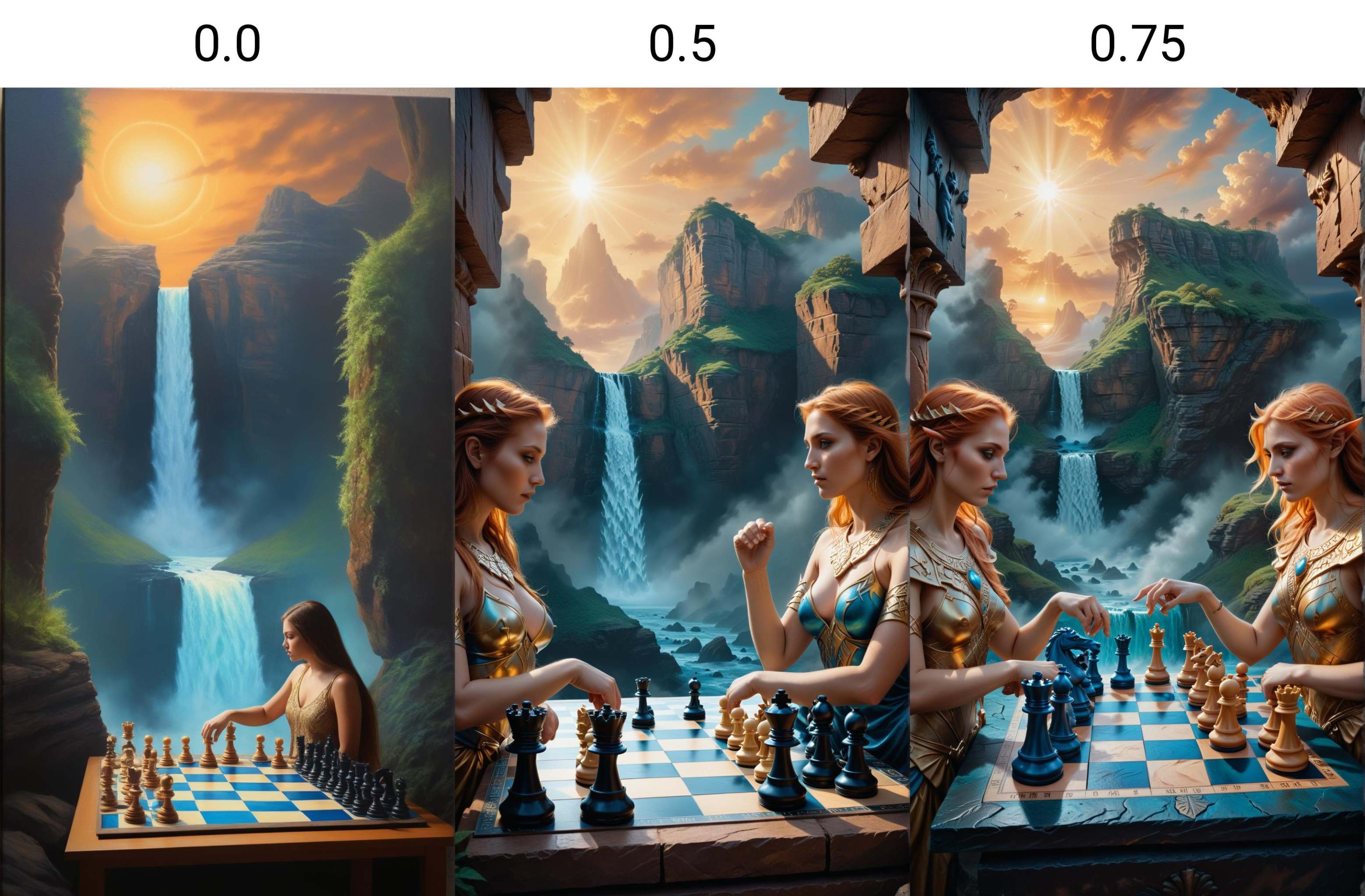 woman,  Fantasy oil painting of a grandiose chess game between gods,  Mythological creatures on Tensor.Art