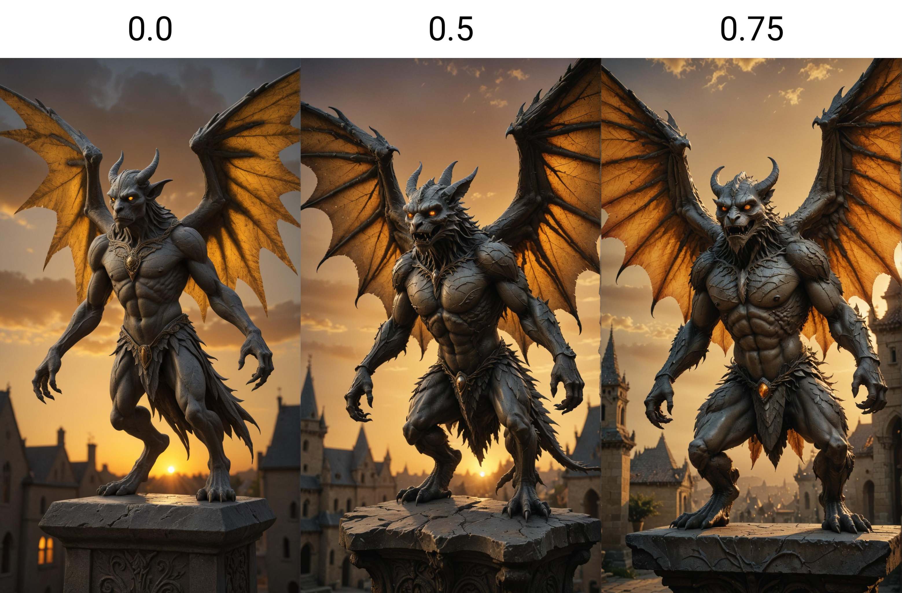 Gargoyle guardian awakening at sunset,  surrealist digital art,  stone texture on Tensor.Art