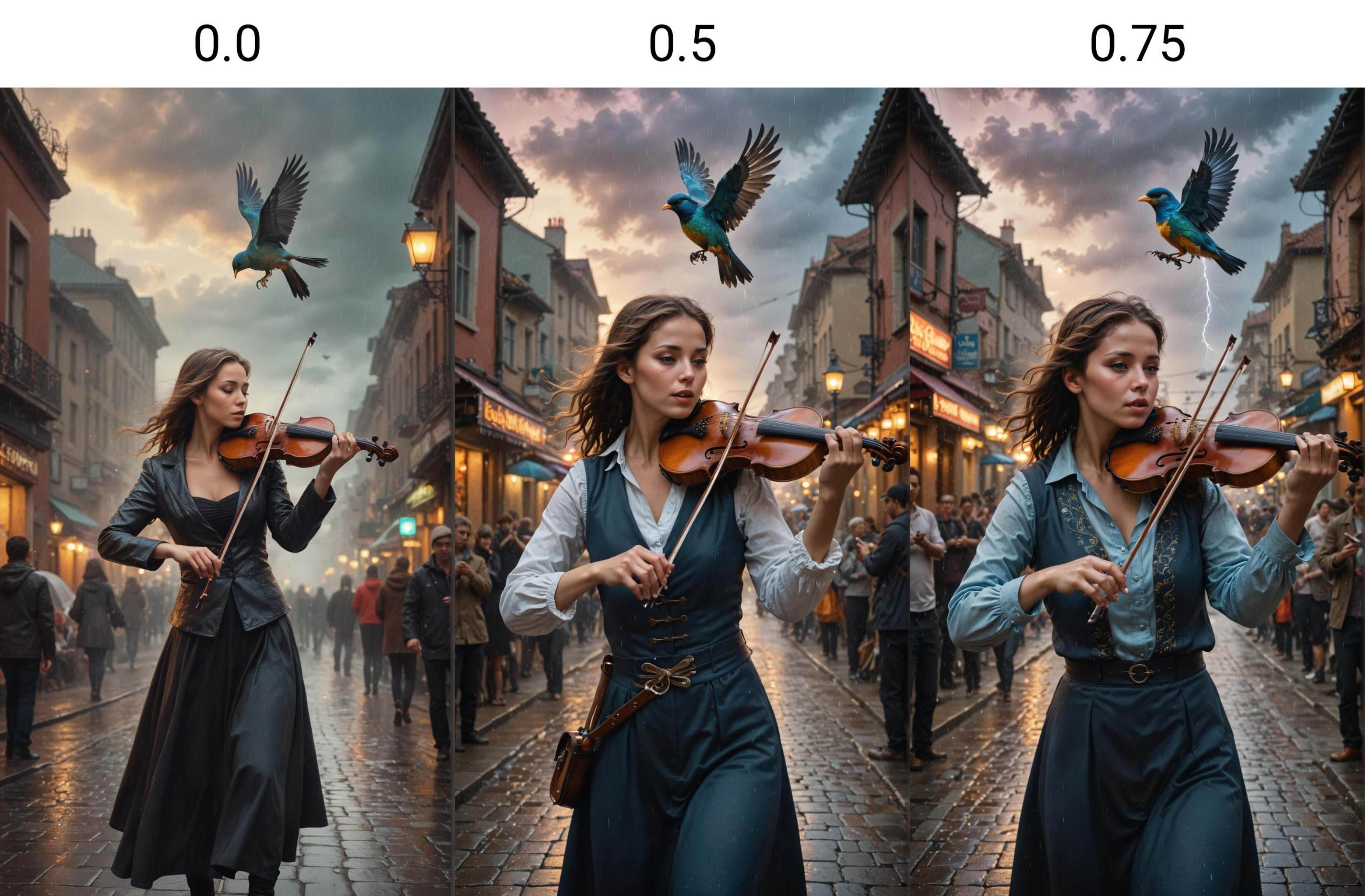 Fantasy realism digital art of a street performer,  captivating a crowd with a magical violin that controls the weather,...