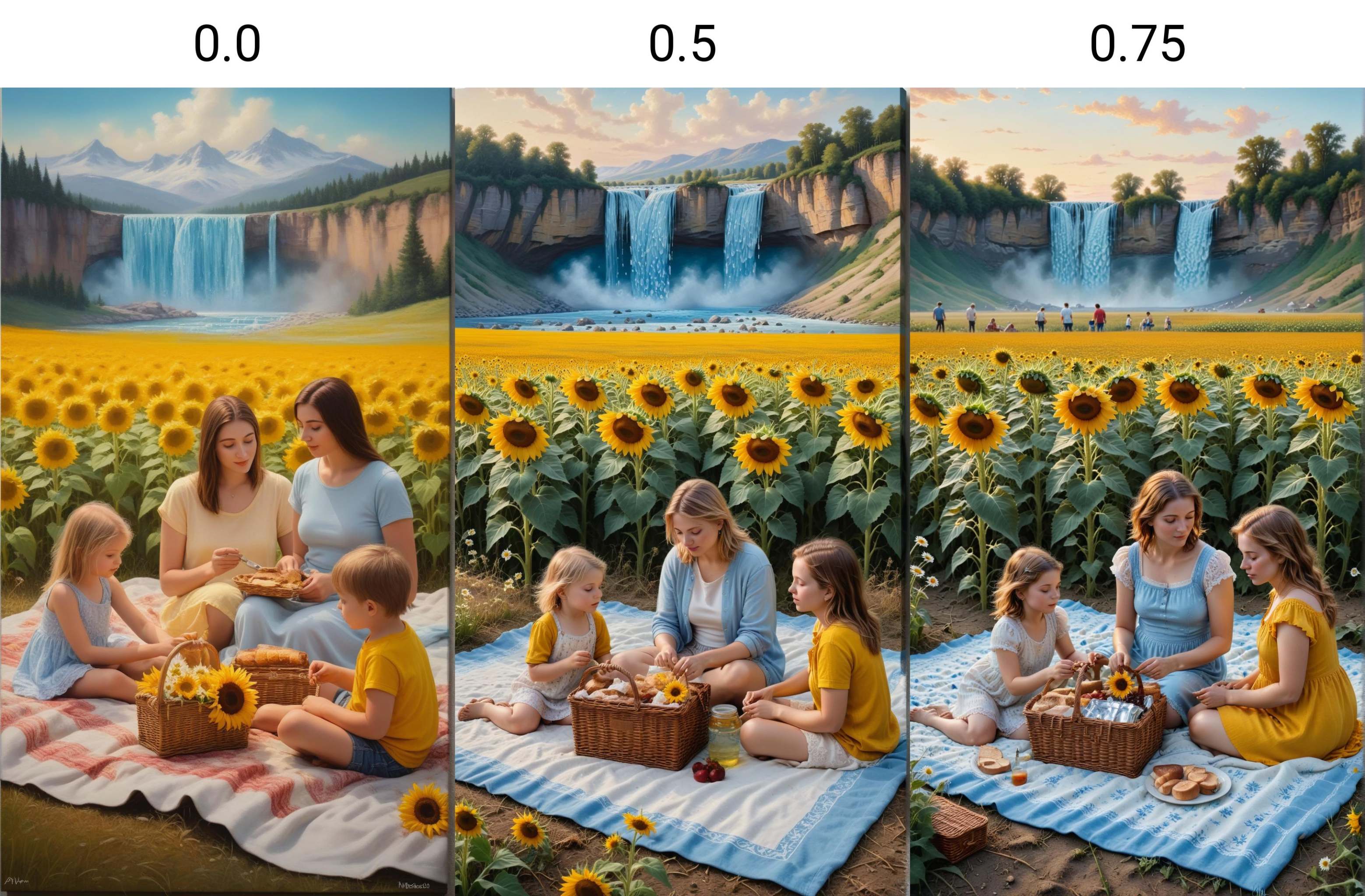 Realistic oil painting of a family having a picnic in a vast field of sunflowers and daisies,  with a frozen waterfall of...