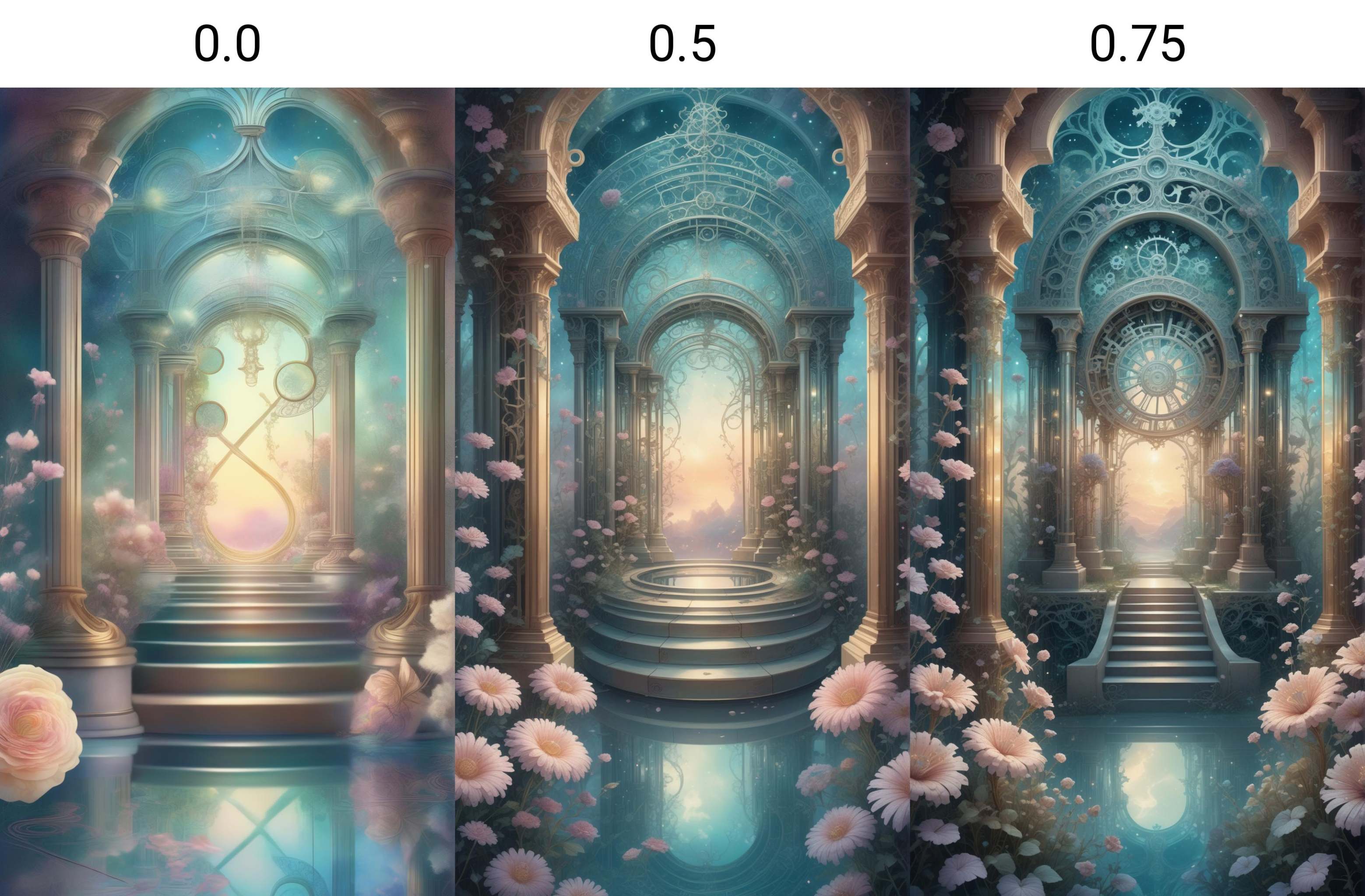 Fantasy illustration of a mirrored maze with gears and flowers entwined,  set in a secret garden,  ethereal opera in a clo...