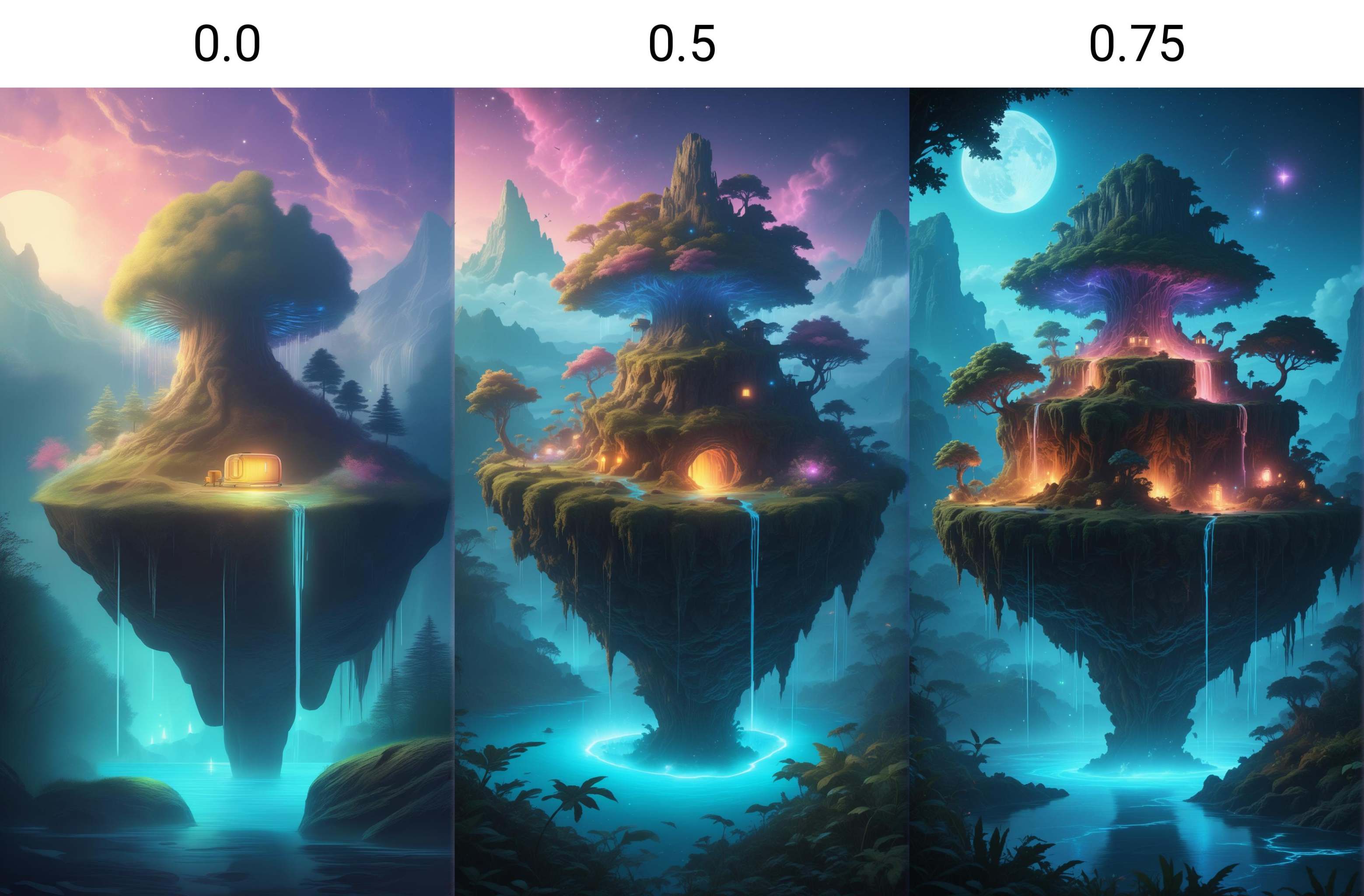 Toaster,  Fantasy illustration of a mystical floating island with a bioluminescent forest,  vibrant glowing flora on Tenso...