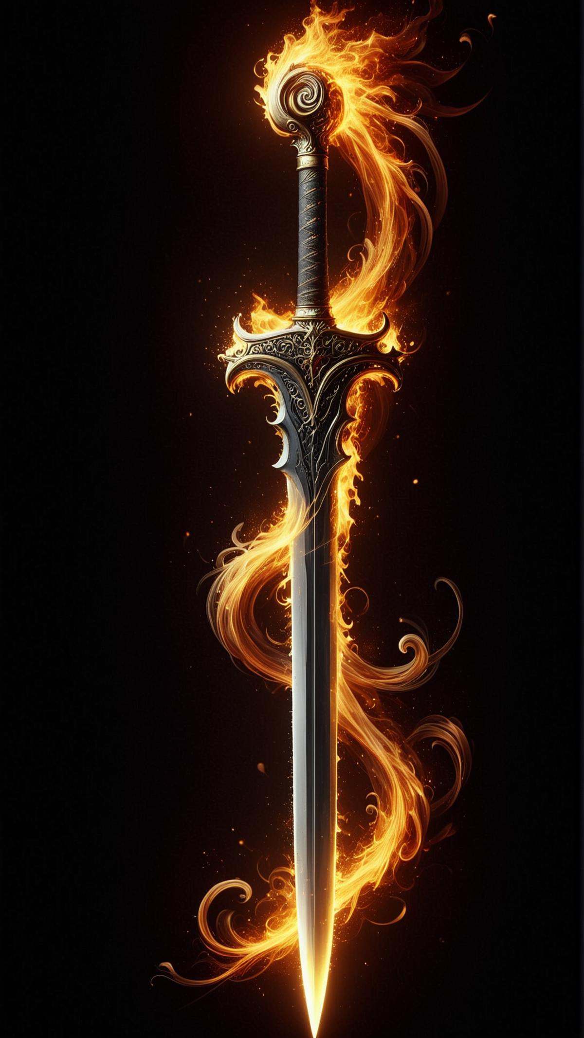 ElementFire Yellow Realistic digital painting of a gleaming samurai sword,  Ancient Japanese calligraphy on the blade,  Or...