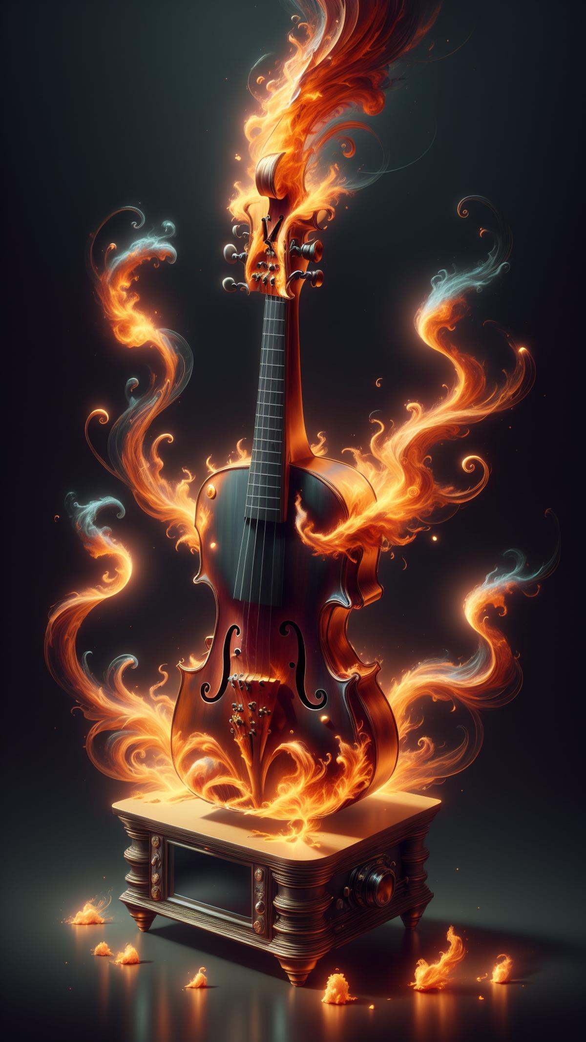 <lora:ElementFire:1>ElementFire Orange Violin,Surreal digital art of a vintage music box shattered into pieces with feathers gently drifting from it, contrasted with a chaotic quantum mechanics experiment in the background, blue and gold color scheme, shallow depth of field, high contrast, detailed, vibrant, moody, mysterious, intriguing, dark, glowing quantum particles, smoke, shadows, laboratory setting, glass beakers, chalkboard equations, Escher-inspired, concept art, illustration, conceptual, surreal, photo-realistic, detailed, dramatic lighting, high resolution, intricate, masterpiece, digital painting, artstation, wide angle, (Masterpiece:1.3) (best quality:1.2) (high quality:1.1)