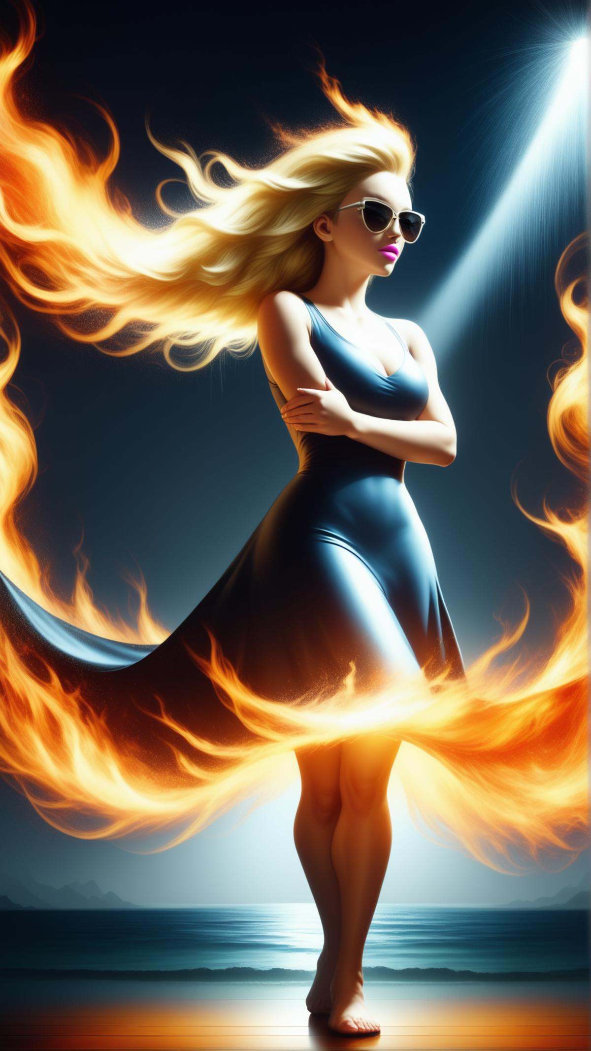 <lora:ElementFirePDXL:0.8>score_9, score_8_up, score_7_up, ElementFire Orange Cinematic still, Western European, mid-twenty, man, Long hair, Cornrows hair, Short textured fringe, Blonde hair, Comb on hair, Oval eyes, Black eyes, sunglasses, Plump lips, Pink lips, Square with Sharp Jaw, Boho makeup, Curious, Curvy body, Stretching, Crossing arms, Casual Chic dress, High-key lighting, Caustics, Evening, Heavy rain, Neutral gray background, Lake background, Sony A7R IV, Full shot, Ground level angle, fire, flames, blazing, (Masterpiece:1.3) (best quality:1.2) (high quality:1.1)