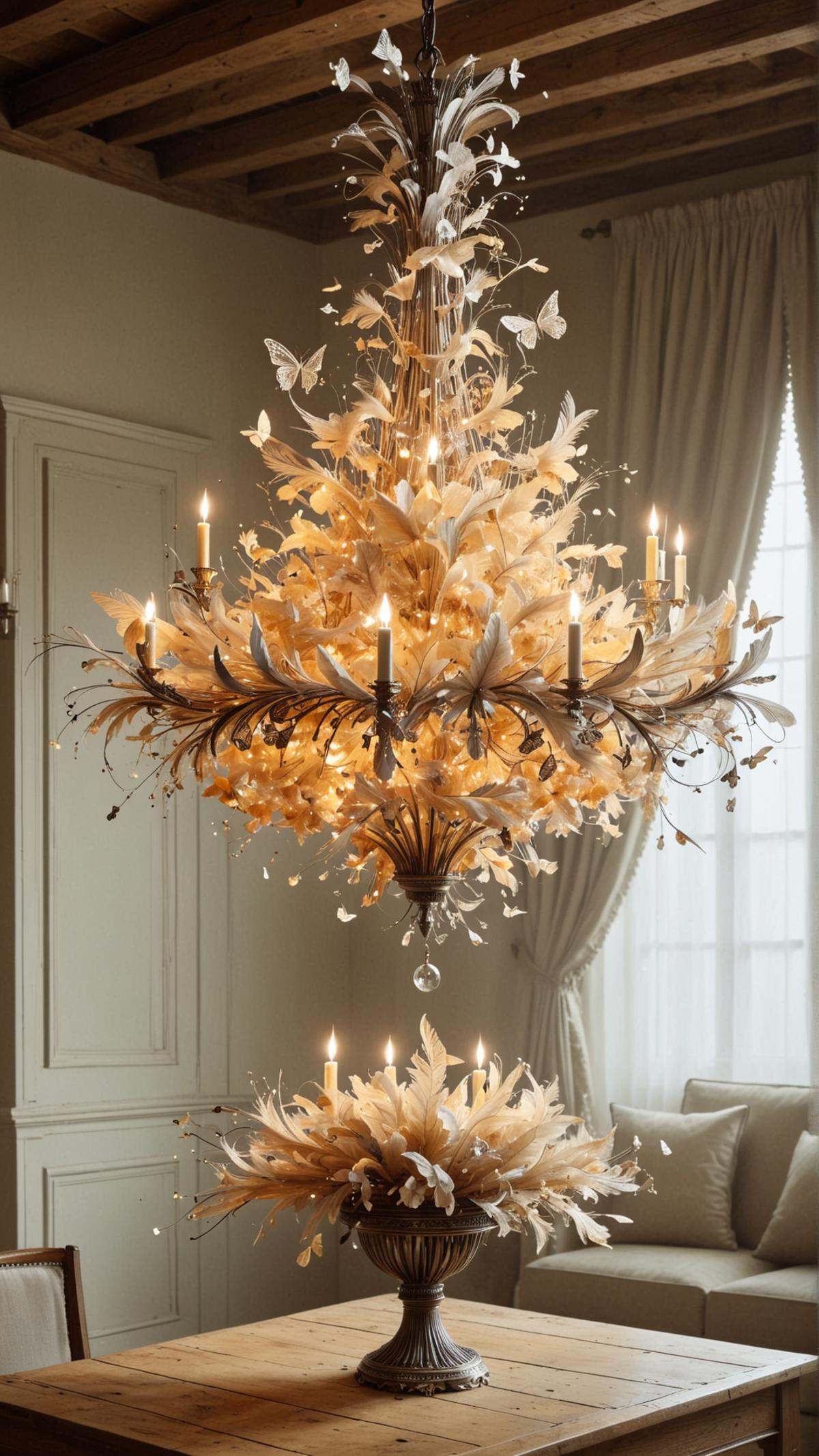 <lora:ElementWindSDXL:1>ElementWind A chandelier made of glowing butterflies, with each butterfly emitting a soft, warm light. The chandelier is intricately designed with feather quills and parchment, giving an antique yet enchanting look. The butterflies are in various shades of warm colors, such as gold, amber, and soft orange. The quills are in different shades of brown and beige, with some of them dipped in glitter, adding a touch of luxury. The parchment is old and weathered, with some parts browned with age, adding to the antique look. The chandelier is hanging in a dimly lit room with a wooden floor and a fireplace, giving a cozy and comfortable atmosphere.,elegant ladies walking on a patterned path in a Victorian garden wind, blowing ethereal streaks, (Masterpiece:1.3) (best quality:1.2) (high quality:1.1)