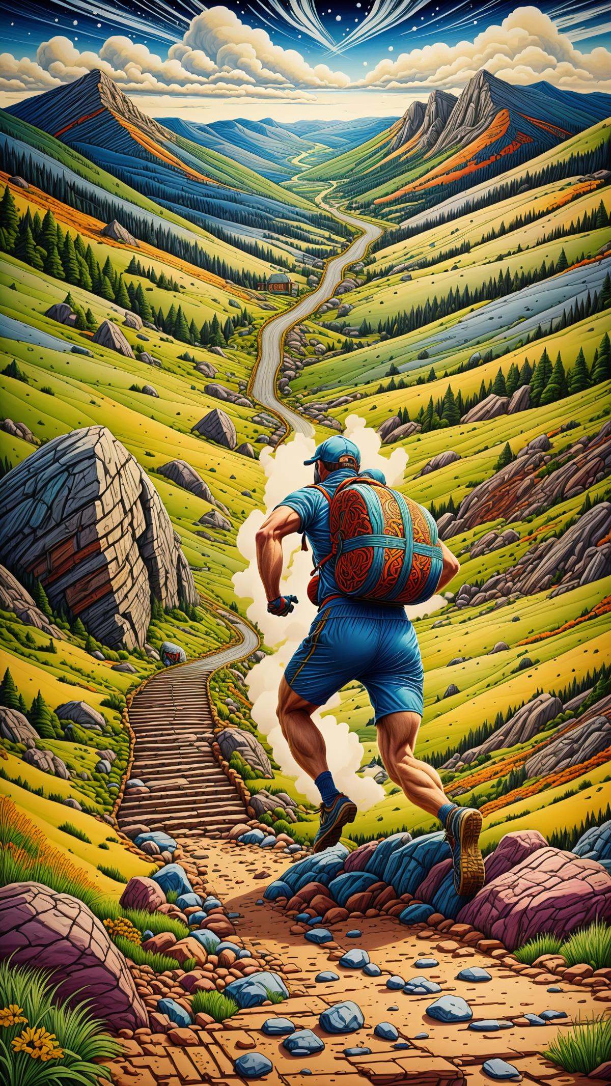 GaelicPatternStyle a man running downhill to escape a rolling boulder in a rocky mountain by mnemic on Tensor.Art
