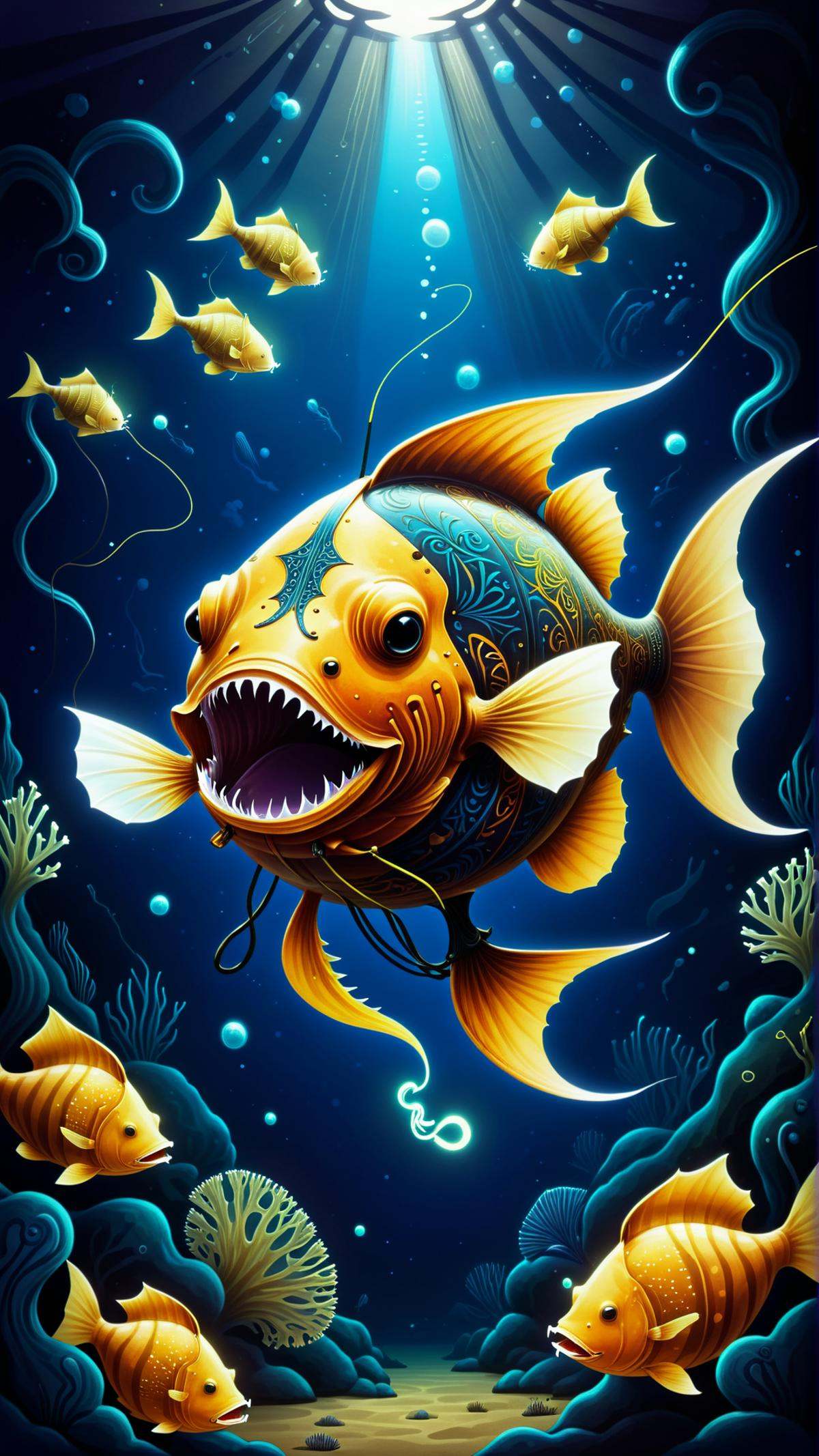 GaelicPatternStyle an anglerfish using its luminescent lure in the pitch dark of the abyssal zone by mnemic on Tensor.Art