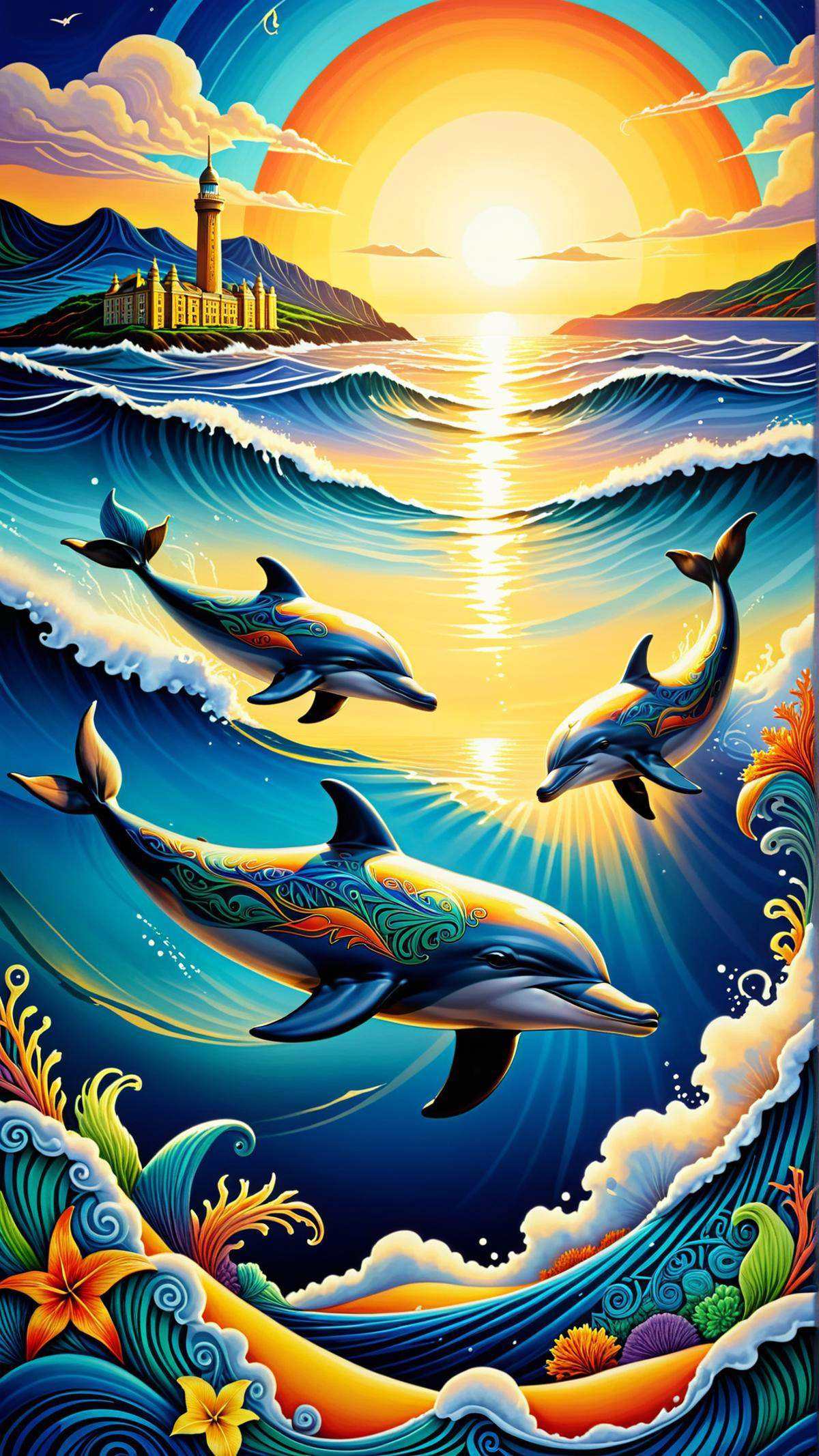 GaelicPatternStyle synthetic dolphins swimming ashore at dawn in a man-made ocean by mnemic on Tensor.Art