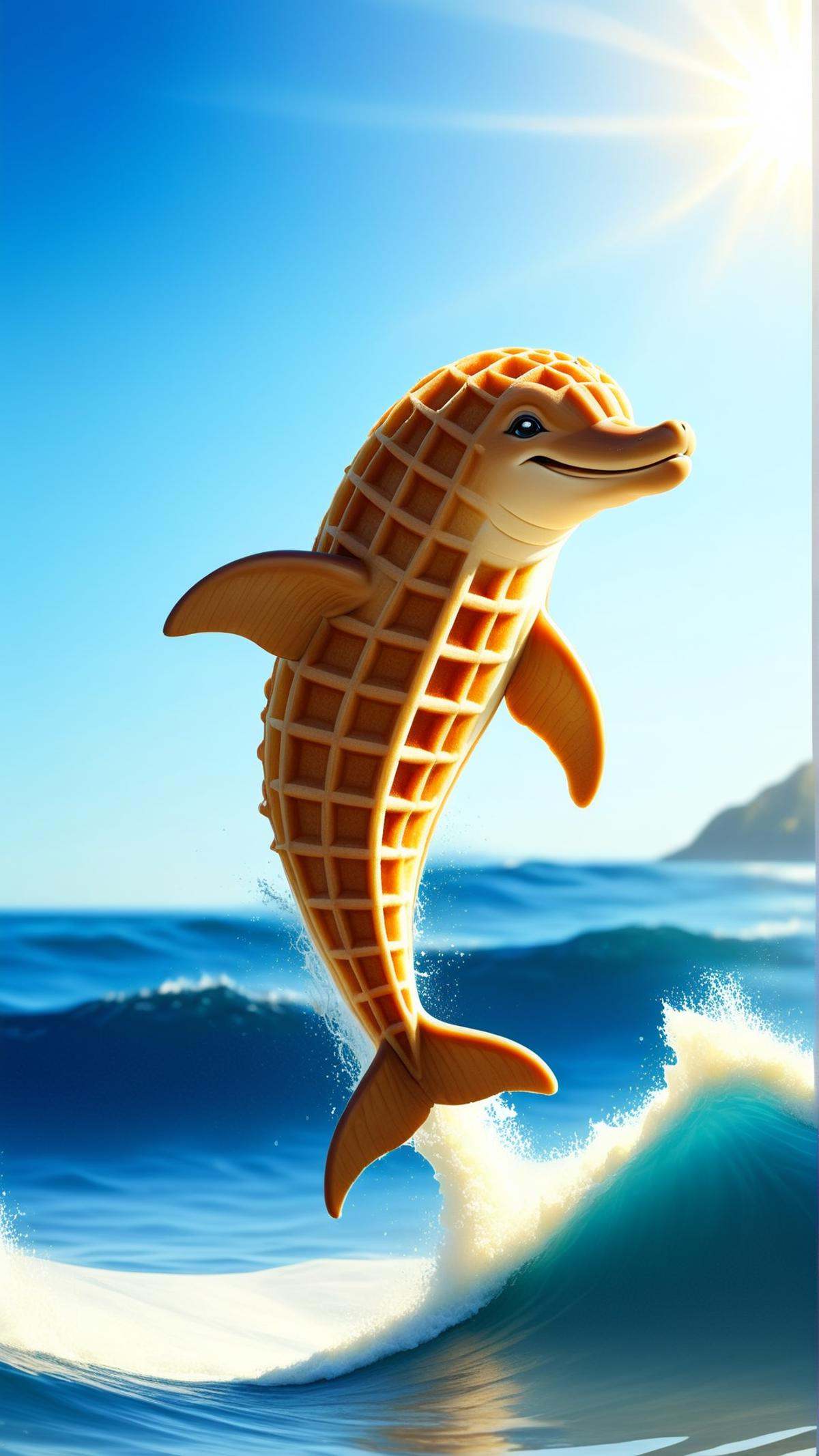<lora:WaffleStyleXL:1>WaffleStyle  a playful dolphin leaping out of glistening ocean waves, made out of waffles, (Masterpiece:1.3) (best quality:1.2) (high quality:1.1)