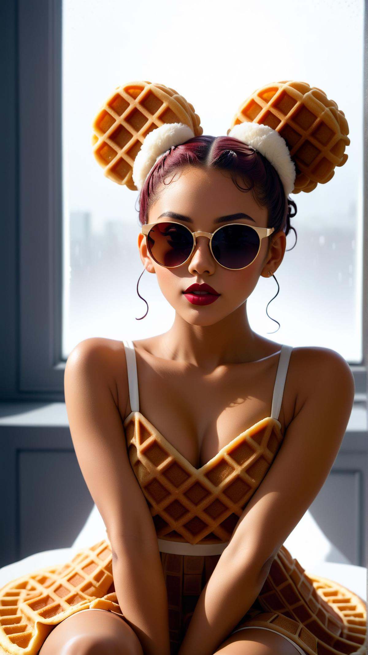 <lora:WaffleStyleXL:1>WaffleStyle  Fashion photography, Jewish, mid-twenty, woman, Medium hair, Space buns hair, Afro, Burgundy hair, Santa hat, Deep Set eyes shape, Gray eyes, sunglasses, Wide lips, Peach lips, Long face, Anime makeup, Silly, Fit body, Sitting pose, Touching ear, Bohemian dress, Natural light, Halos, Golden hour, Heavy rain, Classic black background, Nature background, Fuji X-T4, Medium close-up shot, Silhouette shot, made out of waffles, (Masterpiece:1.3) (best quality:1.2) (high quality:1.1)