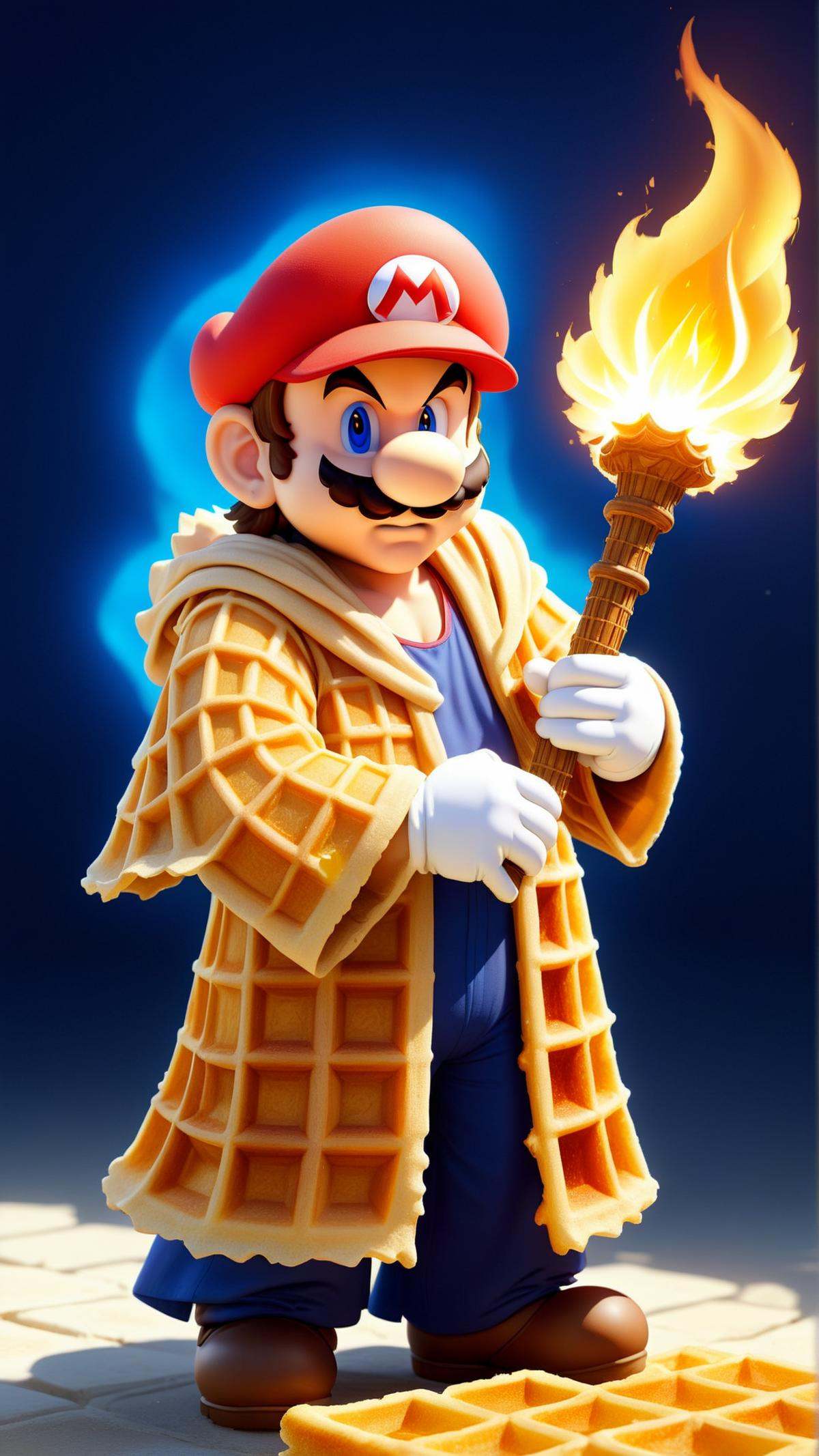 <lora:WaffleStyleXL:1>WaffleStyle  Super Mario wearing tattered robes holding a glowing fire magical staff. Trending on Artstation, octane render, ultra detailed, art by Ross tran, made out of waffles, (Masterpiece:1.3) (best quality:1.2) (high quality:1.1)