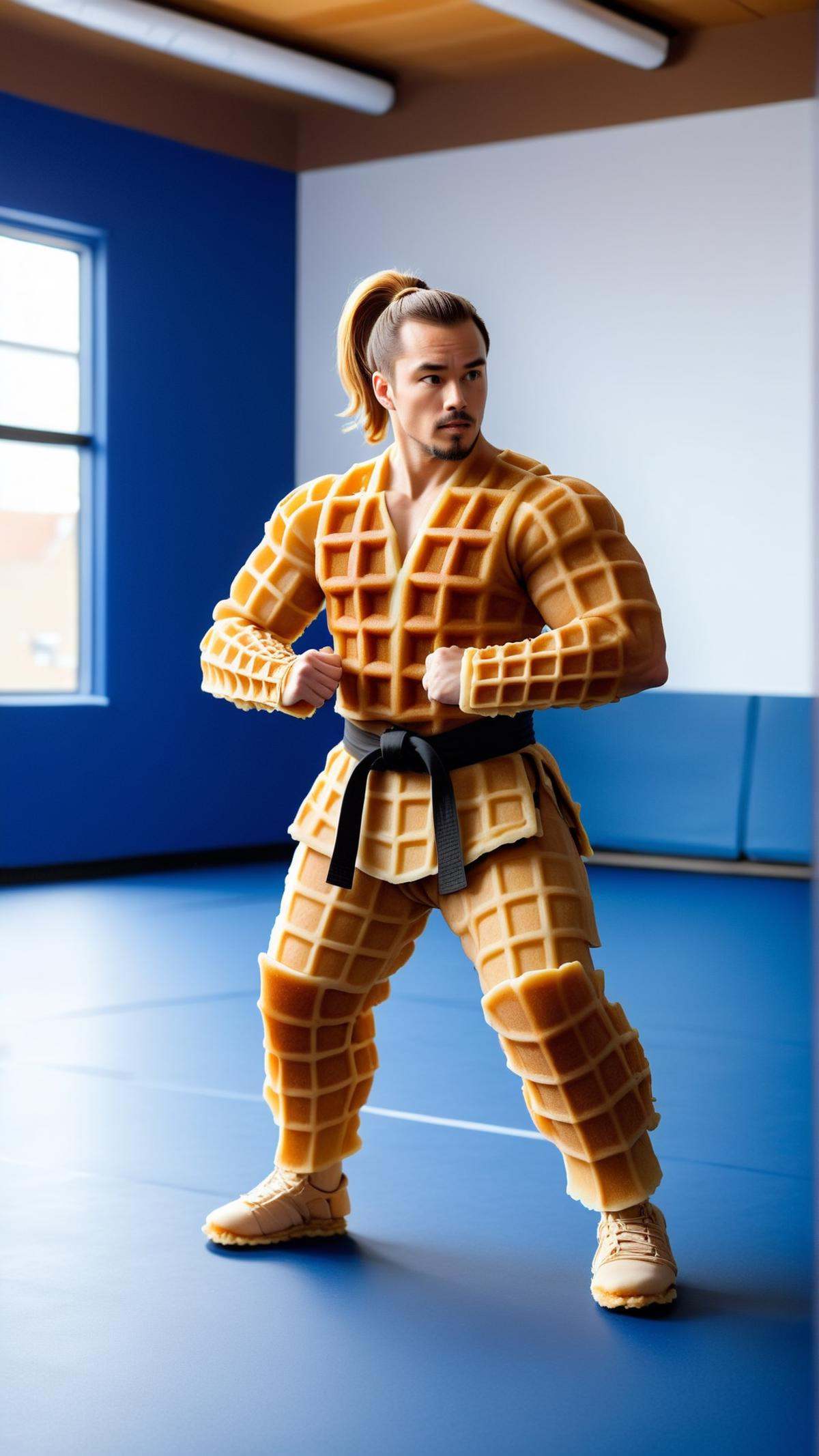 <lora:WaffleStyleXL:1>WaffleStyle  a 33 y.o. man with a ponytail practicing martial arts in a gym, made out of waffles, (Masterpiece:1.3) (best quality:1.2) (high quality:1.1)