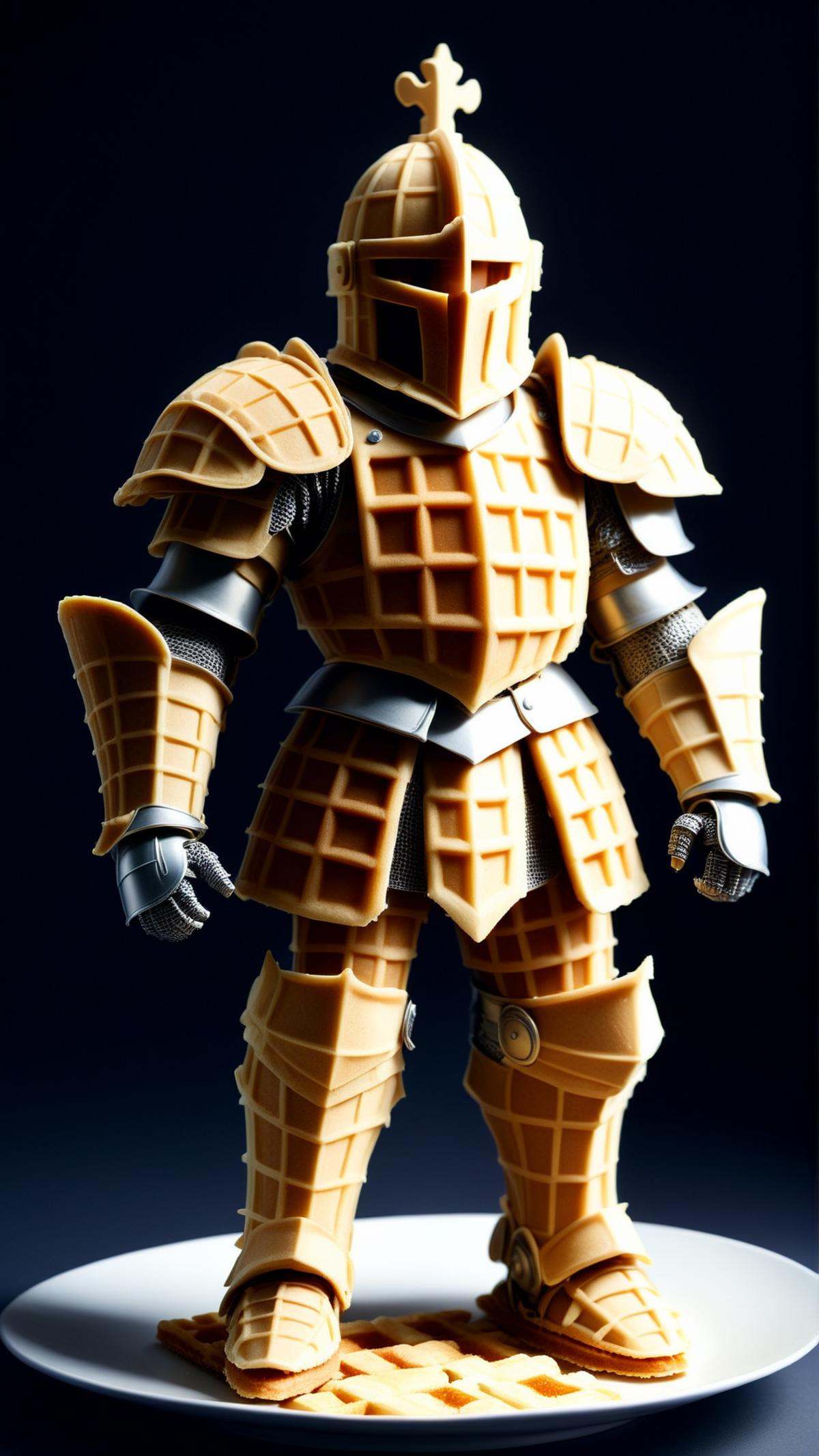 <lora:WaffleStyleXL:1>WaffleStyle  brave knight in shining armor, made out of waffles, (Masterpiece:1.3) (best quality:1.2) (high quality:1.1)