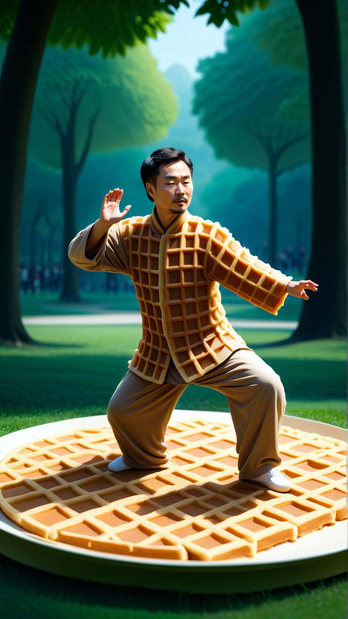 WaffleStyle a Chinese man practicing Tai Chi in a tranquil park,  made out of waffles on Tensor.Art
