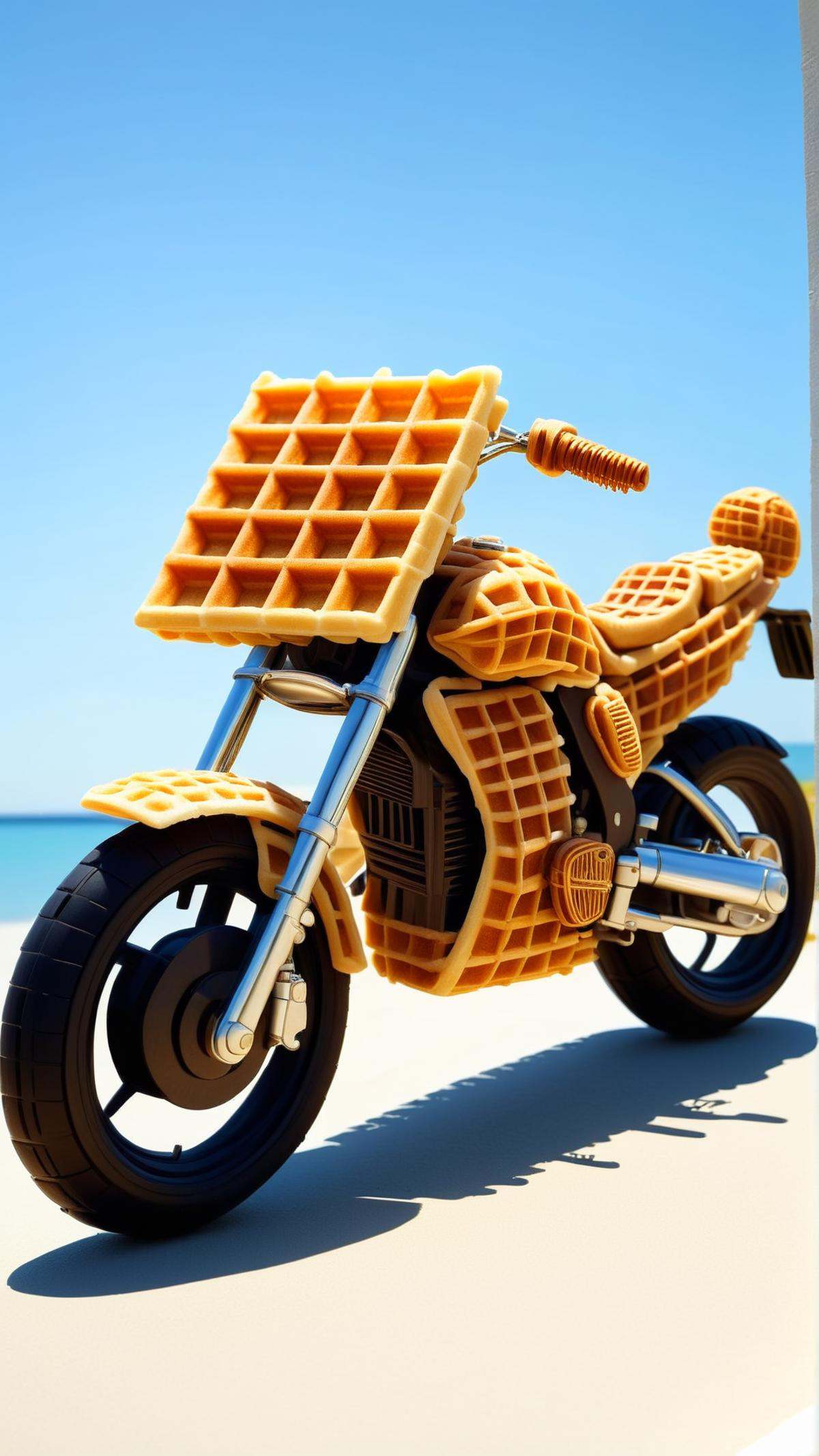 <lora:WaffleStyleXL:1>WaffleStyle  motorbike, made out of waffles, (Masterpiece:1.3) (best quality:1.2) (high quality:1.1)