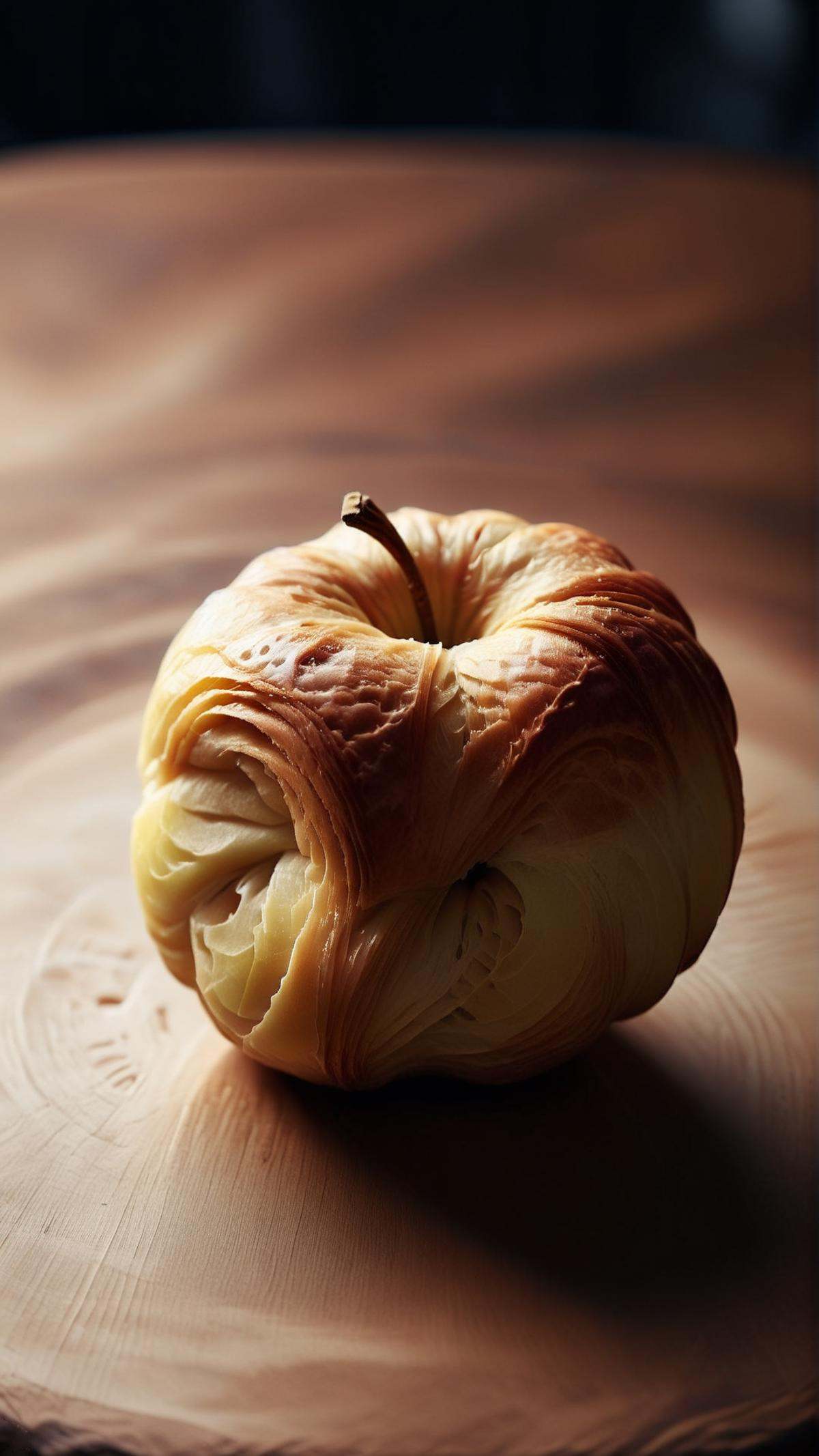 Cinematic photo of  <lora:CroissantStyleXL:1> CroissantStyle apple, in location: gravitational whirlpool, detailed background, dynamic angle, atmospheric