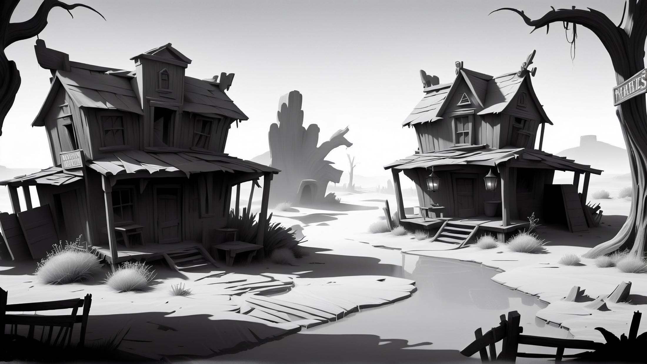 <lora:WhiteboxStyleXL:1>WhiteboxStyle Wild West Ghost Town: Dusty roads, saloon doors, tumbleweeds, cracked wooden buildings, haunting silence. monochrome, ambient occlusion, <lora:WhiteboxStyle:0.8> WhiteboxStyle, Swampy Witch's Hut: Muddy water, gnarled trees, bubbling cauldron, flickering lanterns, mysterious herbs., (Masterpiece:1.3) (best quality:1.2) (high quality:1.1)