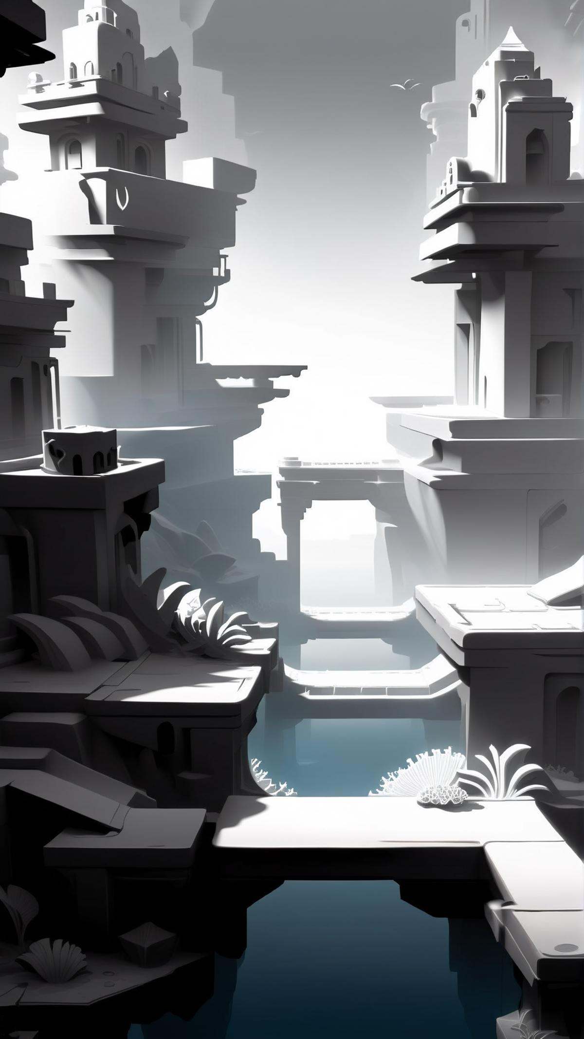 <lora:WhiteboxStyleXL:1>WhiteboxStyle water city monochrome, ambient occlusion, <lora:WhiteboxStyle:0.8> WhiteboxStyle, Sunken Atlantis Exploration: Underwater puzzles, ancient technology, mythical creatures, diving challenges, lost treasure., (Masterpiece:1.3) (best quality:1.2) (high quality:1.1)