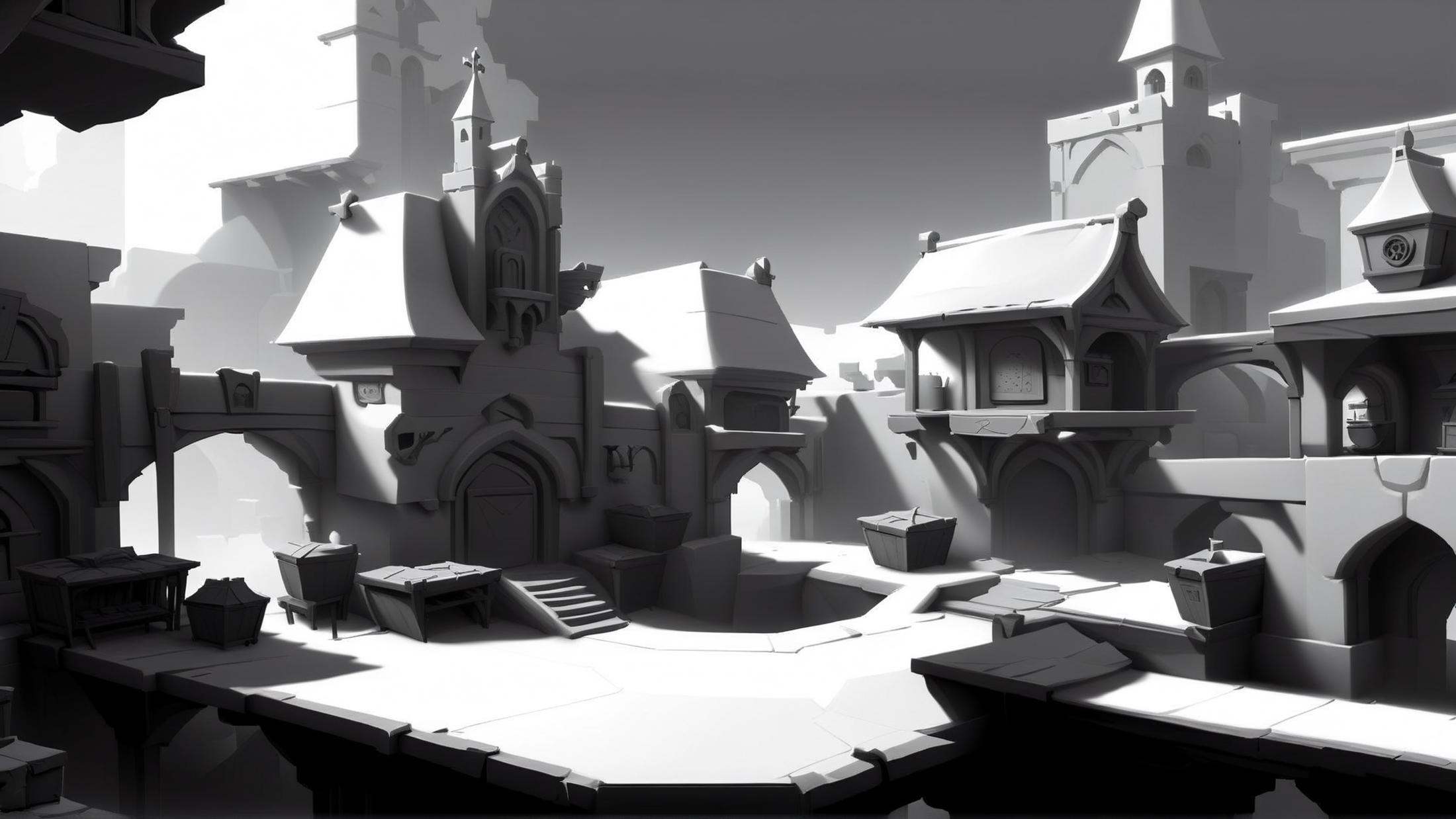 <lora:WhiteboxStyleXL:1>WhiteboxStyle Space Station Zero Gravity Room: Floating objects, rotating platforms, magnetic walls, space vistas, tethered jumps. monochrome, ambient occlusion, <lora:WhiteboxStyle:0.8> WhiteboxStyle, Bustling Medieval Marketplace: Stalls, merchants, cobblestone streets, hanging banners, busy townsfolk, livestock., (Masterpiece:1.3) (best quality:1.2) (high quality:1.1)