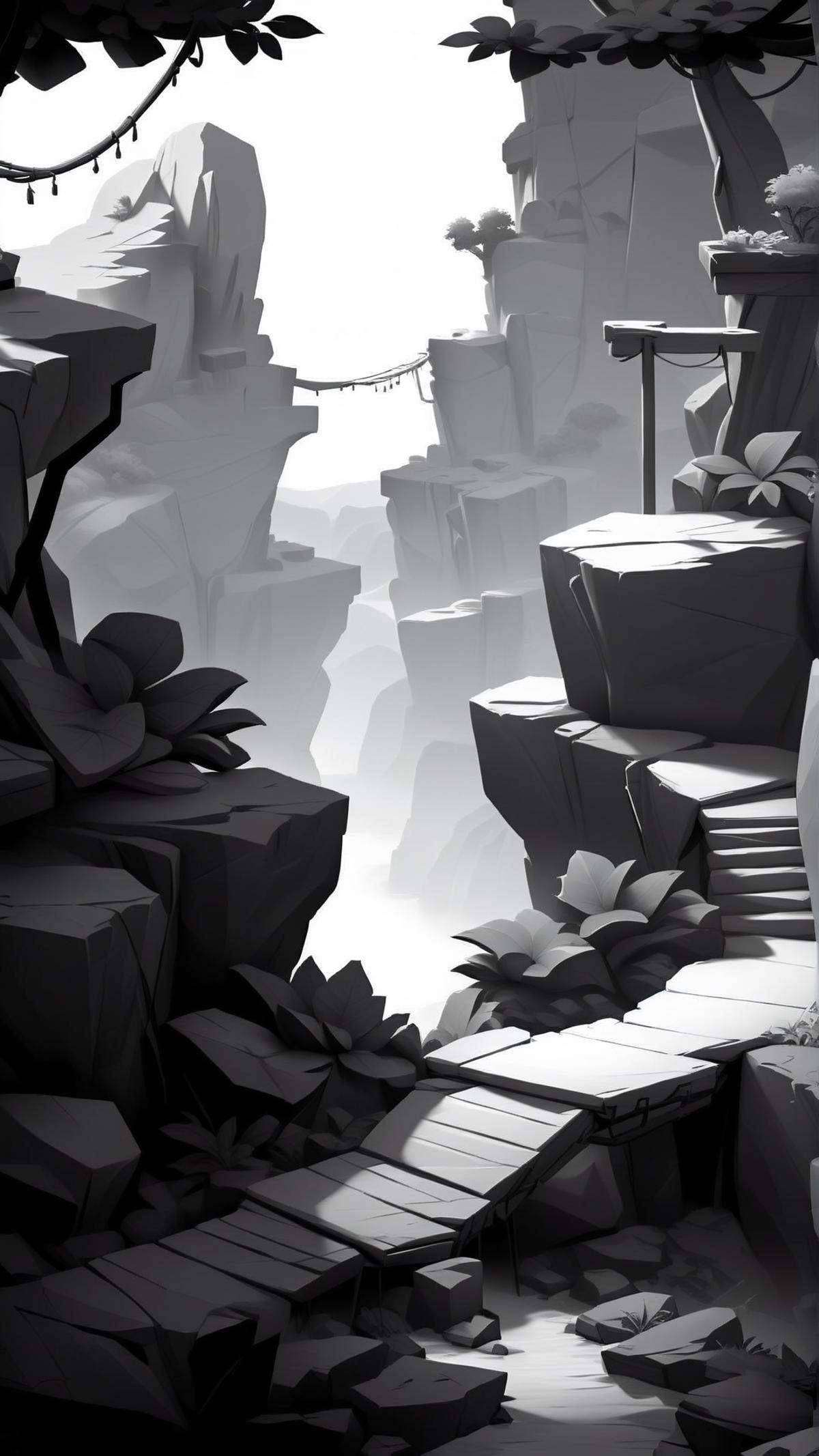 <lora:WhiteboxStyleXL:1>WhiteboxStyle Crumbling Mountain Path: Falling rocks, narrow ledges, swinging bridges, steep climbs, mountaintop vistas. monochrome, ambient occlusion, <lora:WhiteboxStyle:0.8> WhiteboxStyle, art gallery, (Masterpiece:1.3) (best quality:1.2) (high quality:1.1)