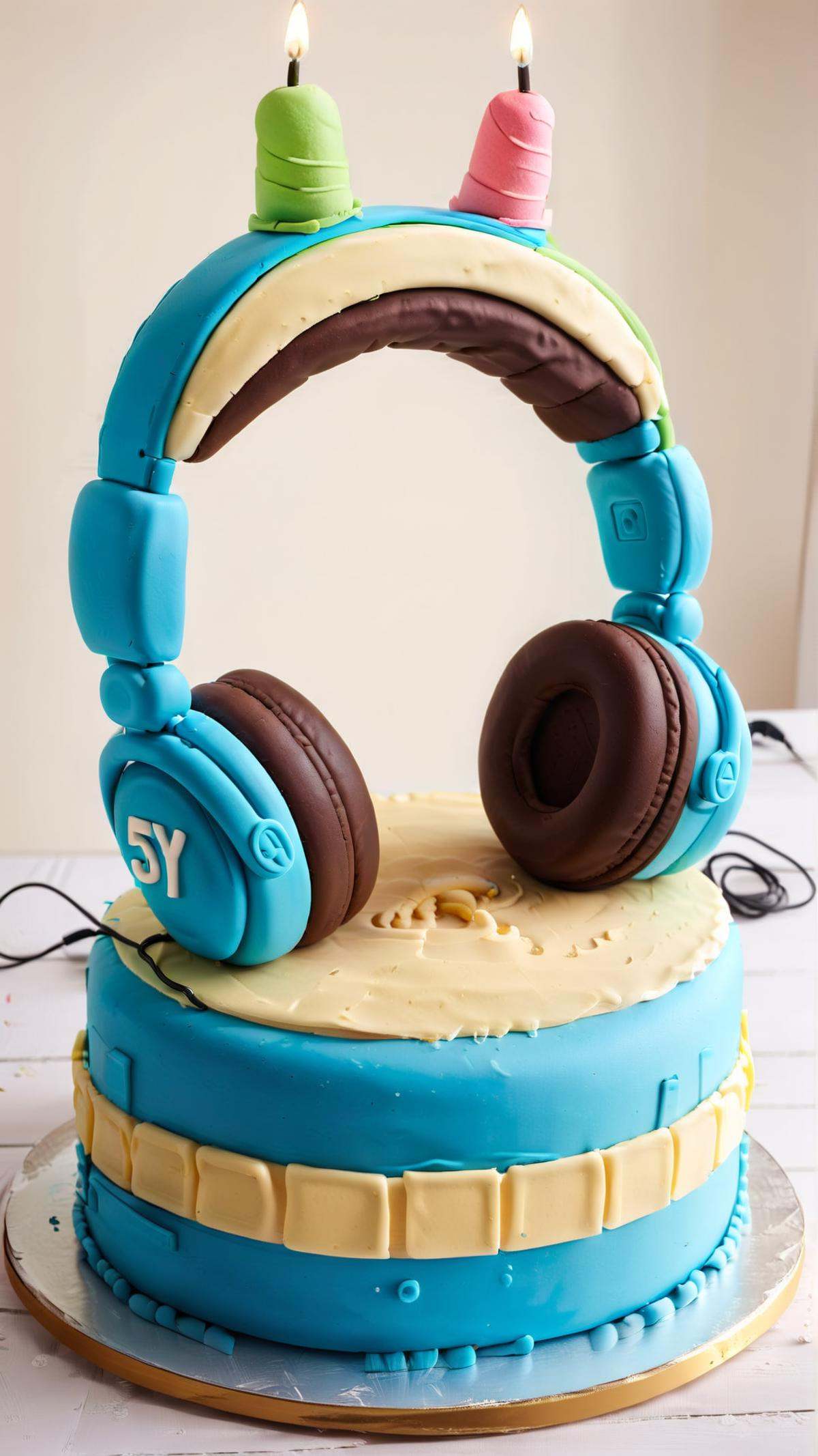 <lora:CakeStyleXL:1> CakeStyle headphones on an empty surface, custom cake, birthday cake,