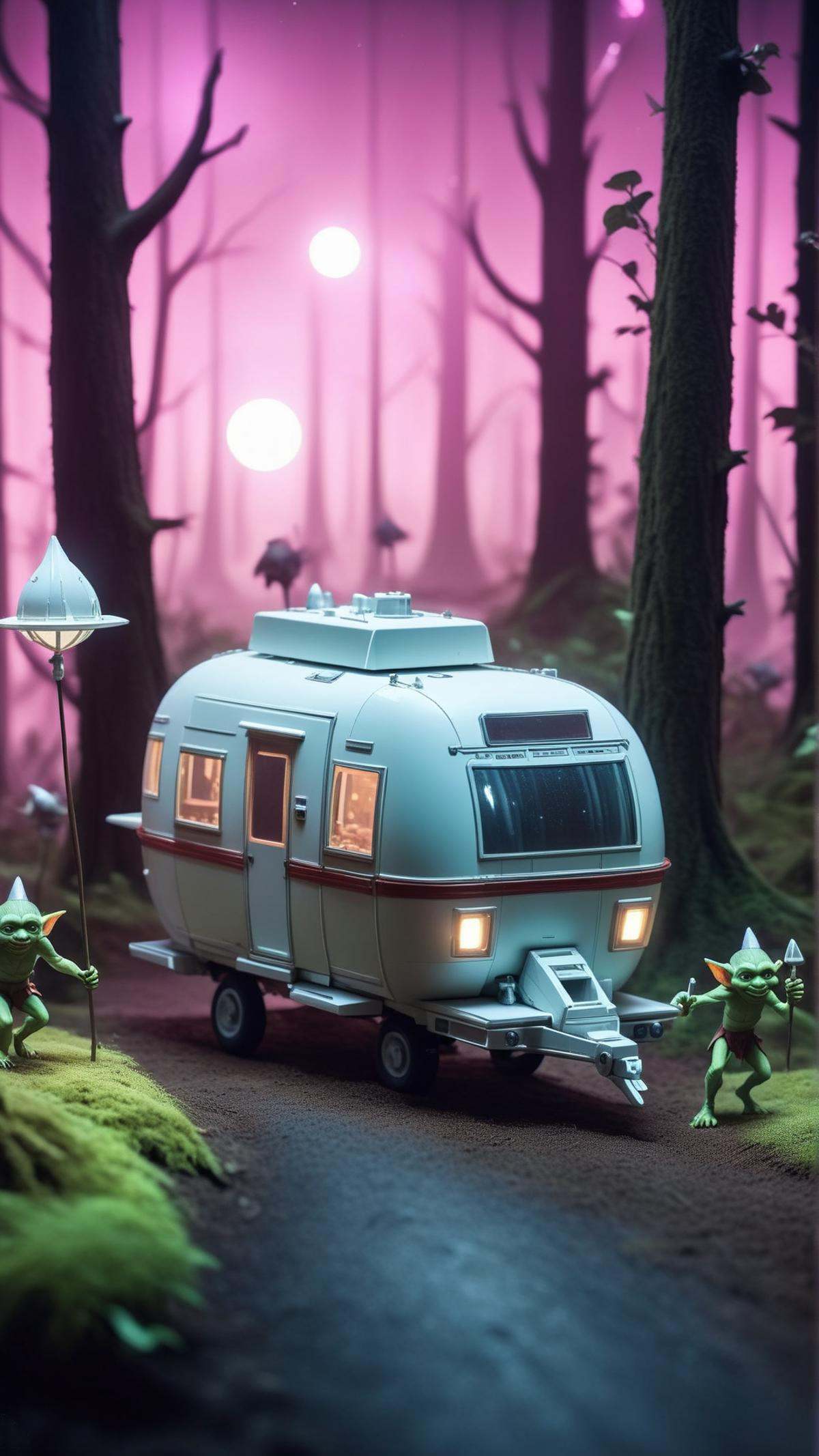 Cinematic photo of BarbieCore a caravan of goblins marching through an enchanted forest at night,  in location: space stat...