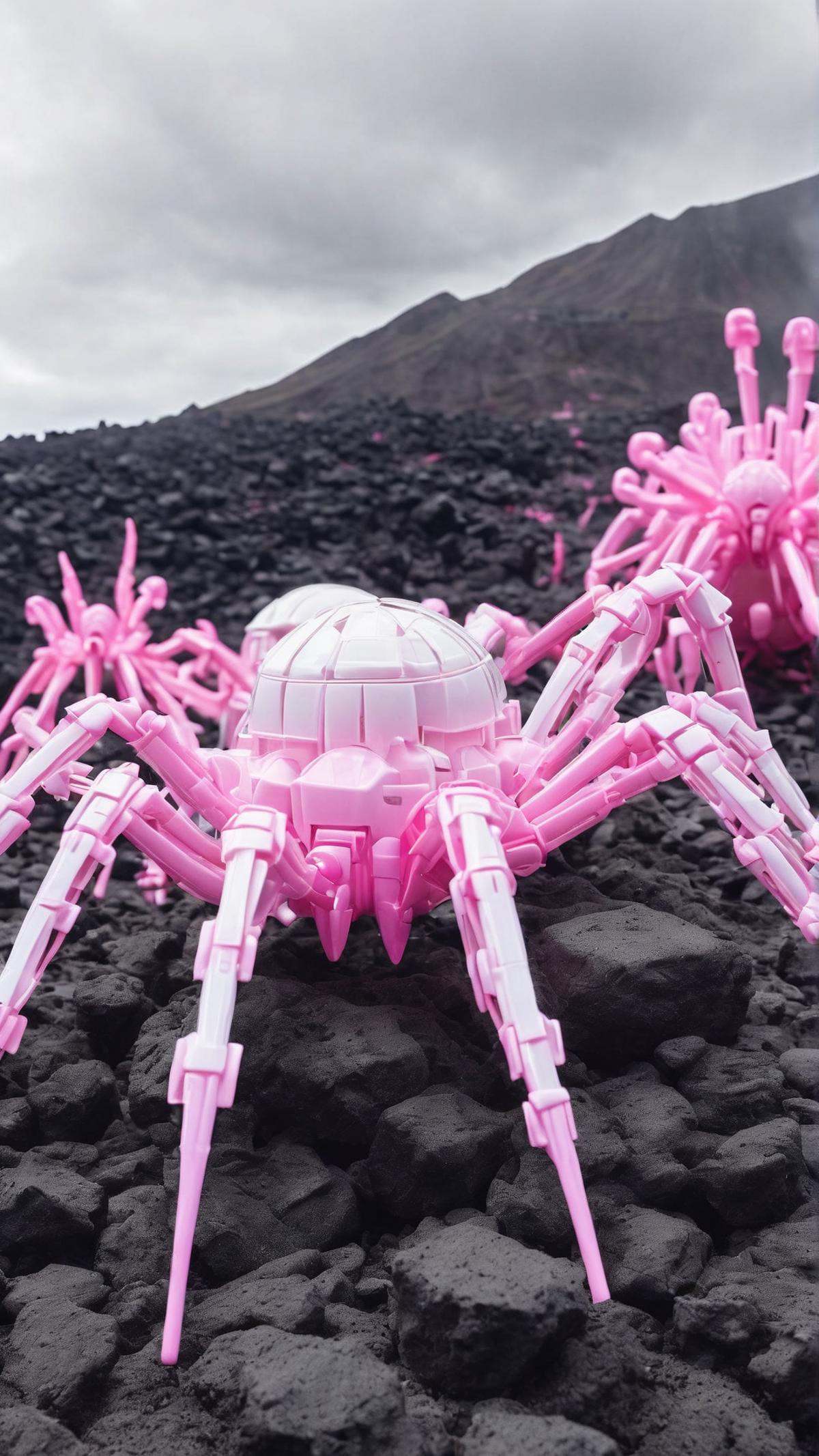 Cinematic photo of BarbieCore giant mechanical spiders crawling from a volcano in a horror sci-fi movie,  pink and white p...