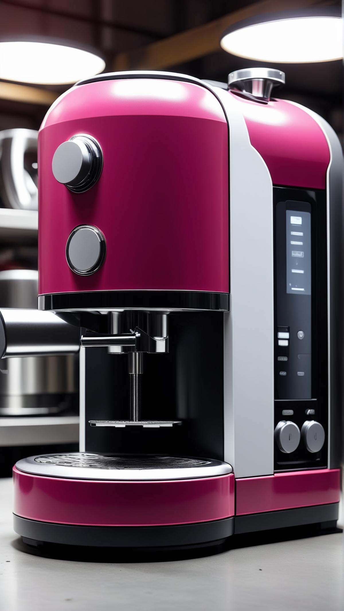 Cinematic photo of BarbieCore coffee machine,  in location: garage,  detailed background on Tensor.Art