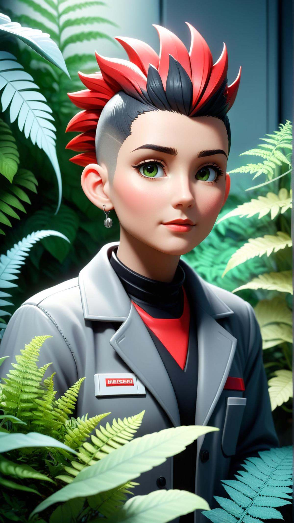 <lora:NESStyleXL:1>NESStyle focus on character, portrait, solo, half shot, looking away, detailed background, detailed face, (<lora:TotemPunkAI:0.5>, totempunkai, mohawk theme:1.1), working, botanical scientist, planters, potted plants,   magical plants, colorful plants, blooming flowers,   floating plants,   green  energy, healing magic, green color scheme,  wild growth,  seeds,  ferns, research, botanical laboratory in background, low light, magical atmosphere,, NES-inspired, gray plastic, red plastic, 24mm, (analog, cinematic, film grain:1.3), Bokeh DOF, (Masterpiece:1.3) (best quality:1.2) (high quality:1.1)