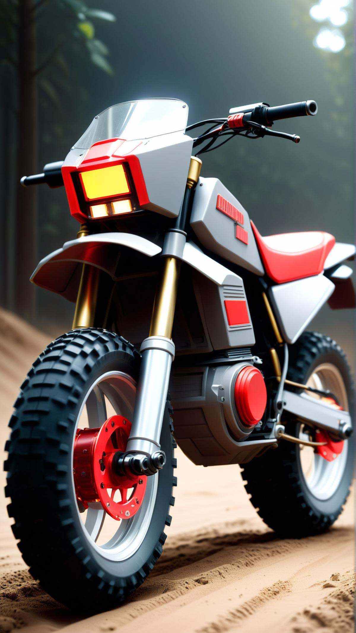 <lora:NESStyleXL:1>NESStyle dirt bike, chassis,    led tail lights, brass, luminous, brushed finish, glassy smoothness,, NES-inspired, gray plastic, red plastic, 24mm, (analog, cinematic, film grain:1.3), Bokeh DOF, (Masterpiece:1.3) (best quality:1.2) (high quality:1.1)