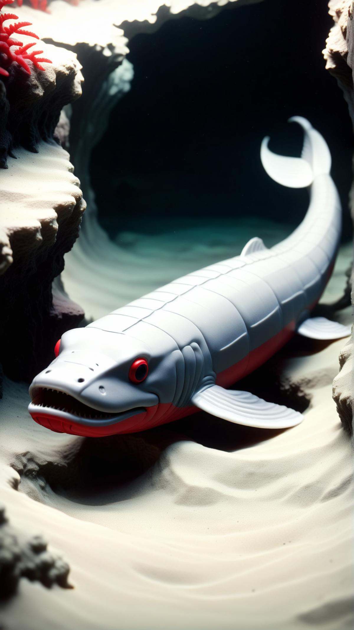 <lora:NESStyleXL:1>NESStylea prehistoric eel-like creature swimming out of an underwater cave, NES-inspired, gray plastic, red plastic, 24mm, (analog, cinematic, film grain:1.3), Bokeh DOF, (Masterpiece:1.3) (best quality:1.2) (high quality:1.1)