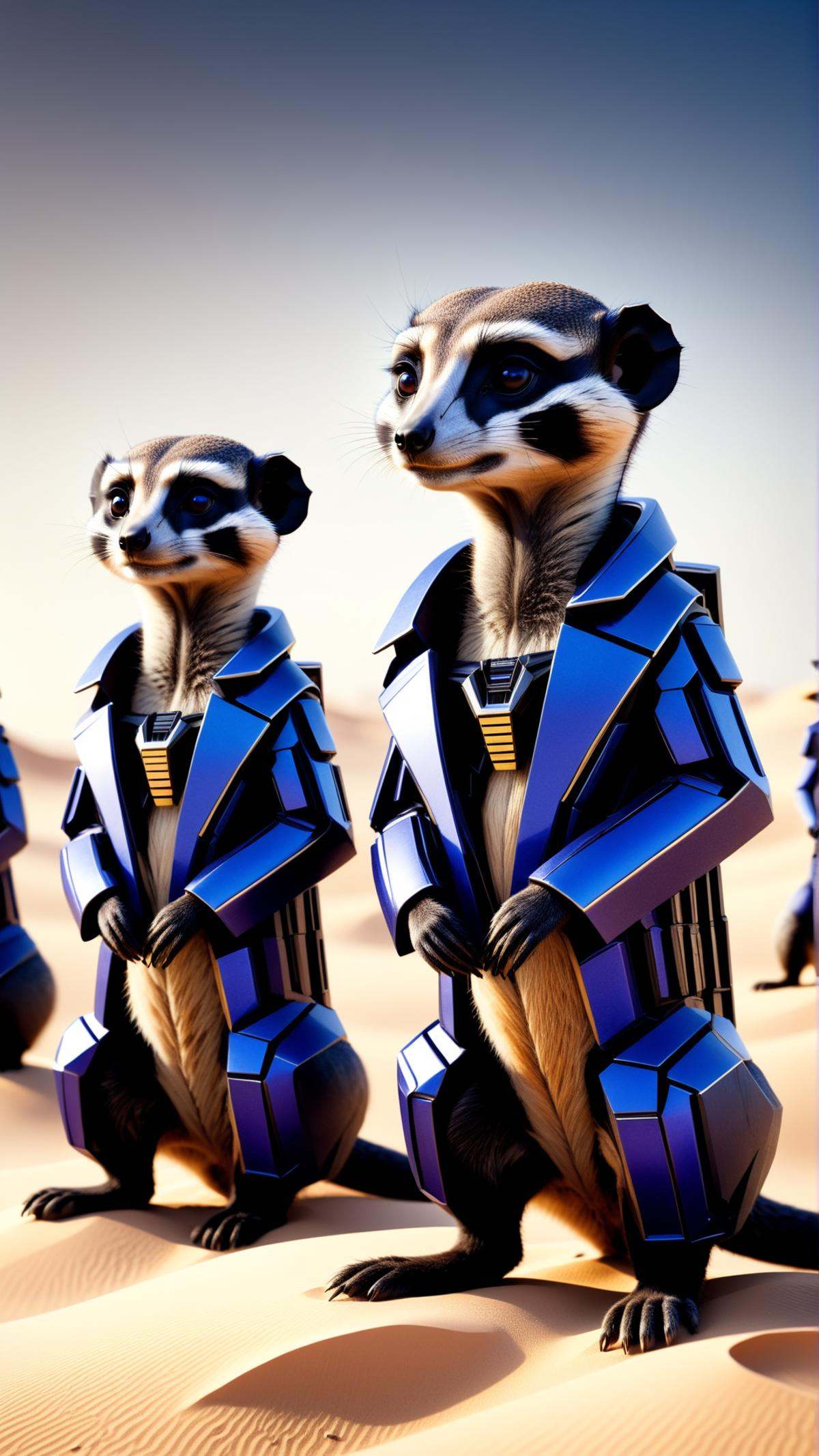 TransformersStyle Indigo Black a group of meerkats on alert,  scanning their desert surroundings for potential threats,  t...