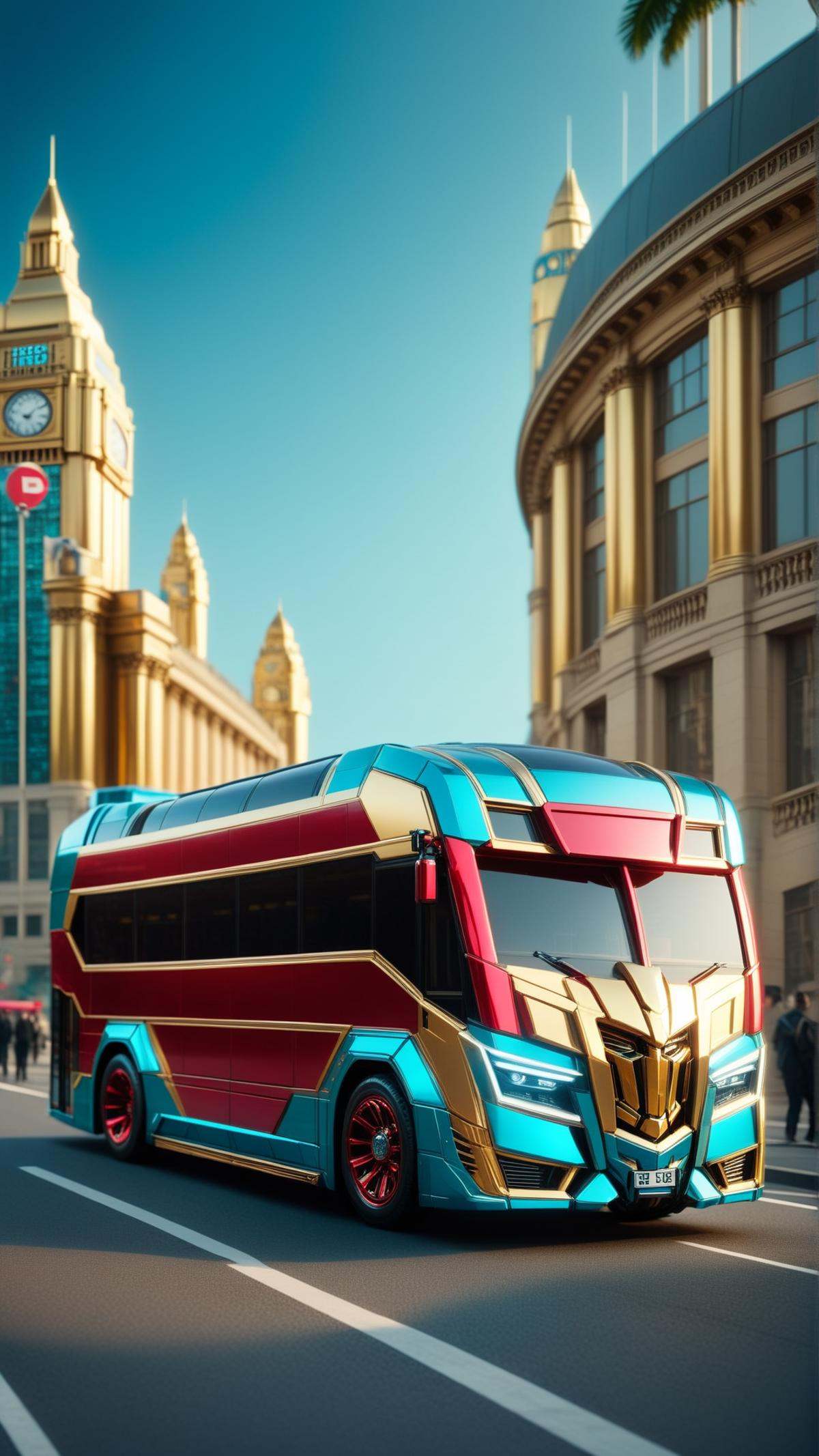 TransformersStyle Gold Cyan a red double-decker bus passing by a famous landmark,  tech,  sci-fi on Tensor.Art