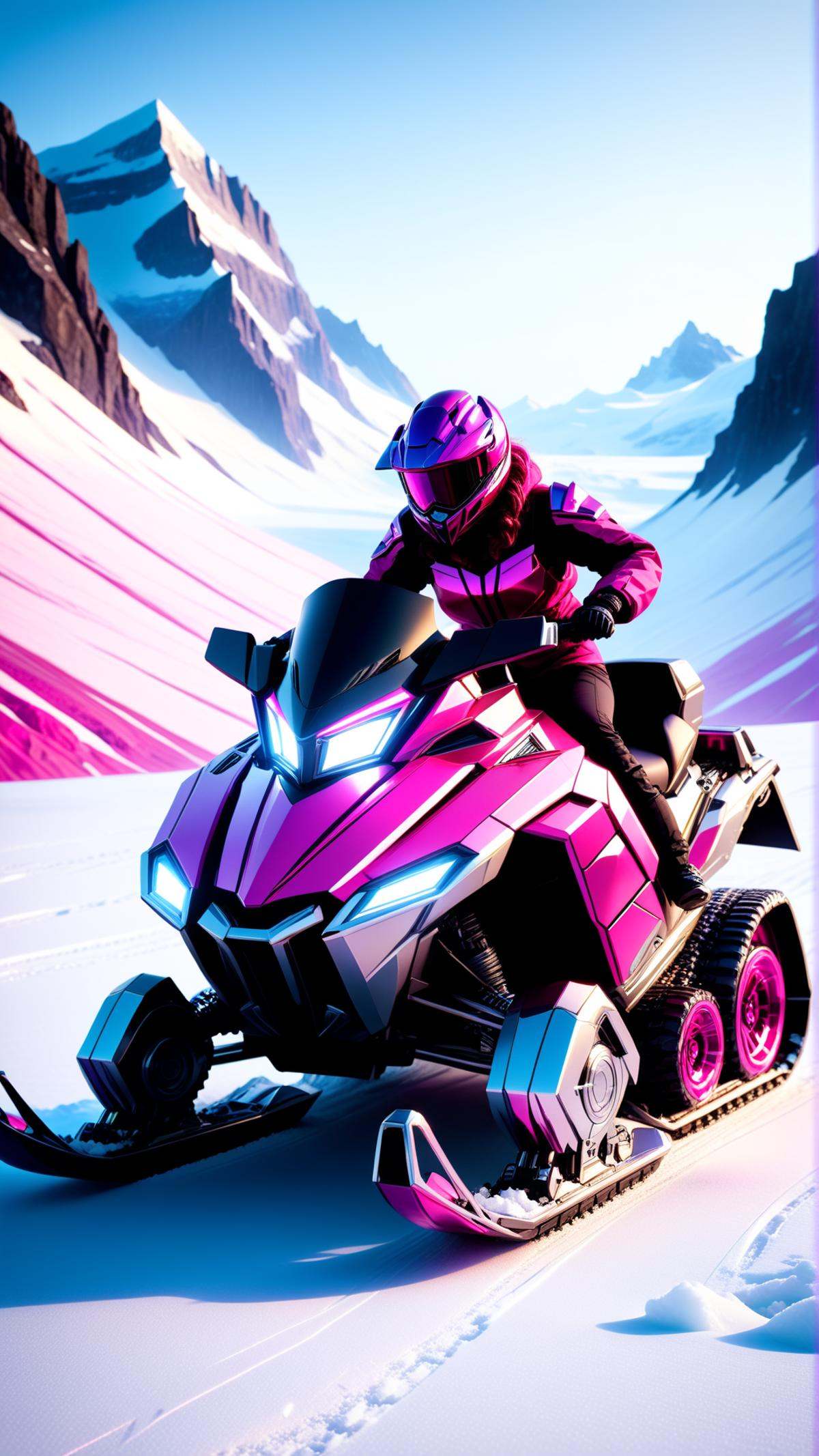 TransformersStyle Fuchsia Magenta an adventurous ride on a snowmobile across a vast glacier,  tech,  sci-fi by mnemic on T...