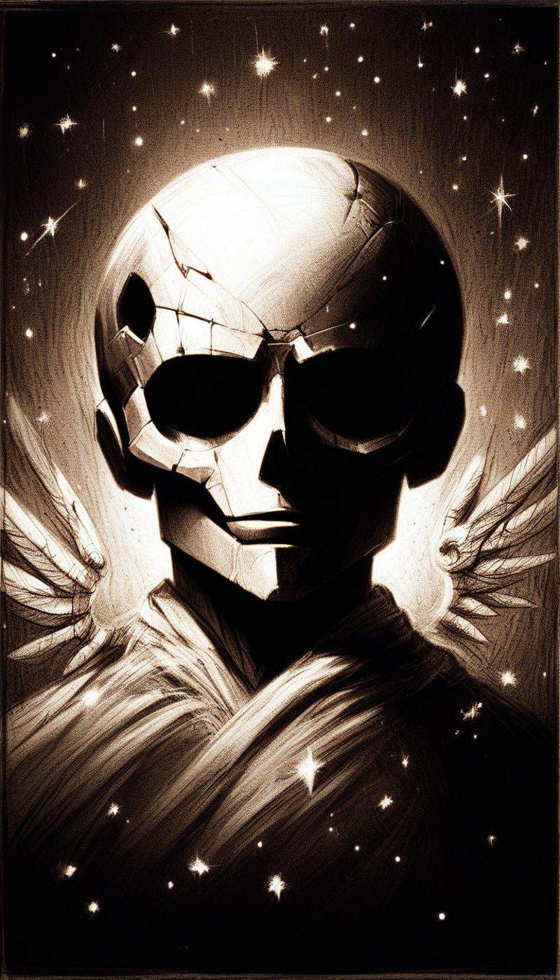 score_9, score_8_up, score_7_up, score_6_up, <lora:CharcoalDarkStylePony:1> CharcoalDarkStyle a portrait of a child girl skull face, kid, innocent angel, wings, in the style of artgerm, van gogh, atey ghailan and steve mccurry, vibrant colors and hard shadows and strong rim light, lucien freud, comic cover art, trending on artstation, source_anime, dark, sketch, drawn with charcoal, monochrome, black and white, (Masterpiece:1.3) (best quality:1.2) (high quality:1.1)