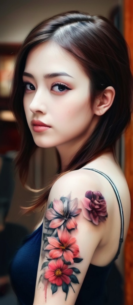 Realistic,  masterpiece,  high quality. A Woman with a tattoo on her arm. A beautiful flower tattoo. on Tensor.Art