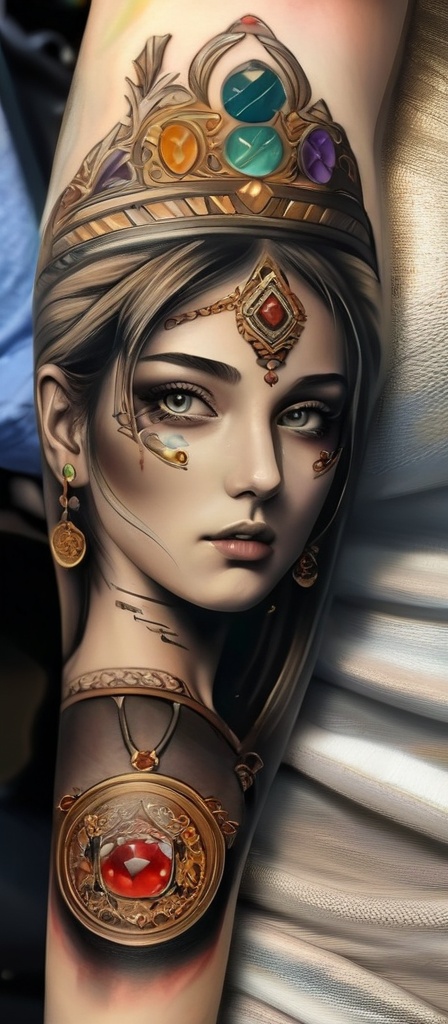 Realistic,  masterpiece,  high quality. A Woman with a tattoo on her arm. A beautiful coffer and gold coins tattoo on Tens...