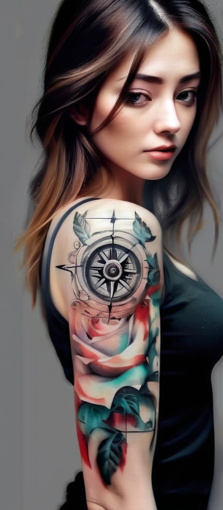 Realistic,  masterpiece,  high quality. A Woman with a tattoo on her arm. A beautiful rose compass tattoo. on Tensor.Art