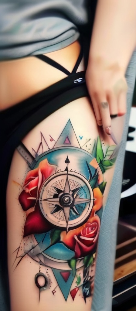 Realistic,  masterpiece,  high quality. A Woman with a tattoo on her arm. A beautiful rose compass tattoo. on Tensor.Art