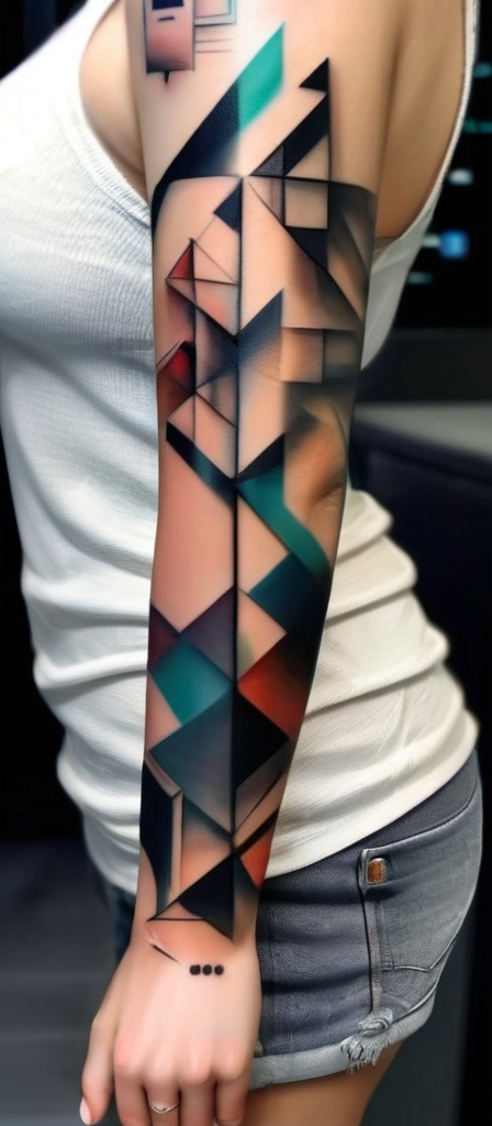 Realistic,  masterpiece,  high quality. A Woman with a tattoo on her arm. A beautiful geometric tattoo. on Tensor.Art